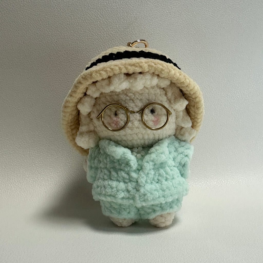Handmade Crochet Lamb Keychain – Gold Glasses & Mint Coat | 8cm Amigurumi Charm