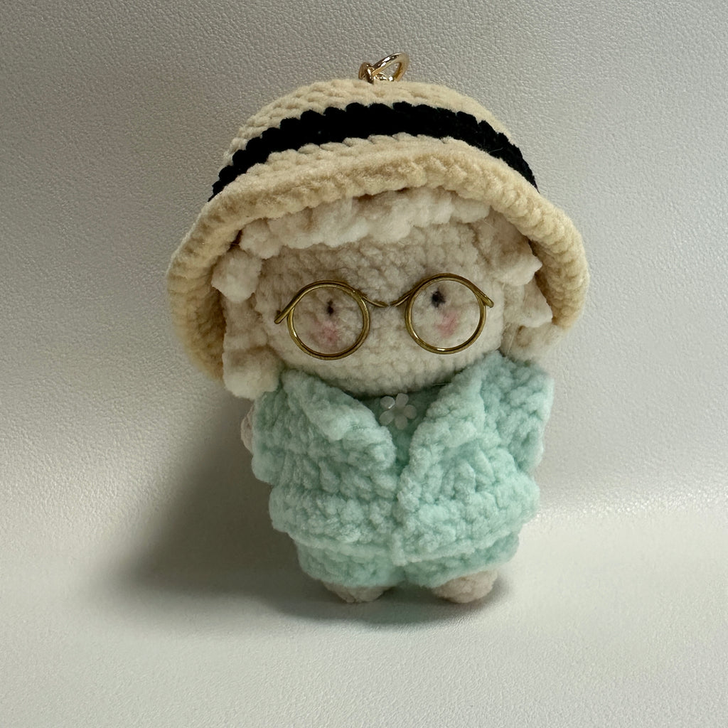 Handmade Crochet Lamb Keychain – Gold Glasses & Mint Coat | 8cm Amigurumi Charm