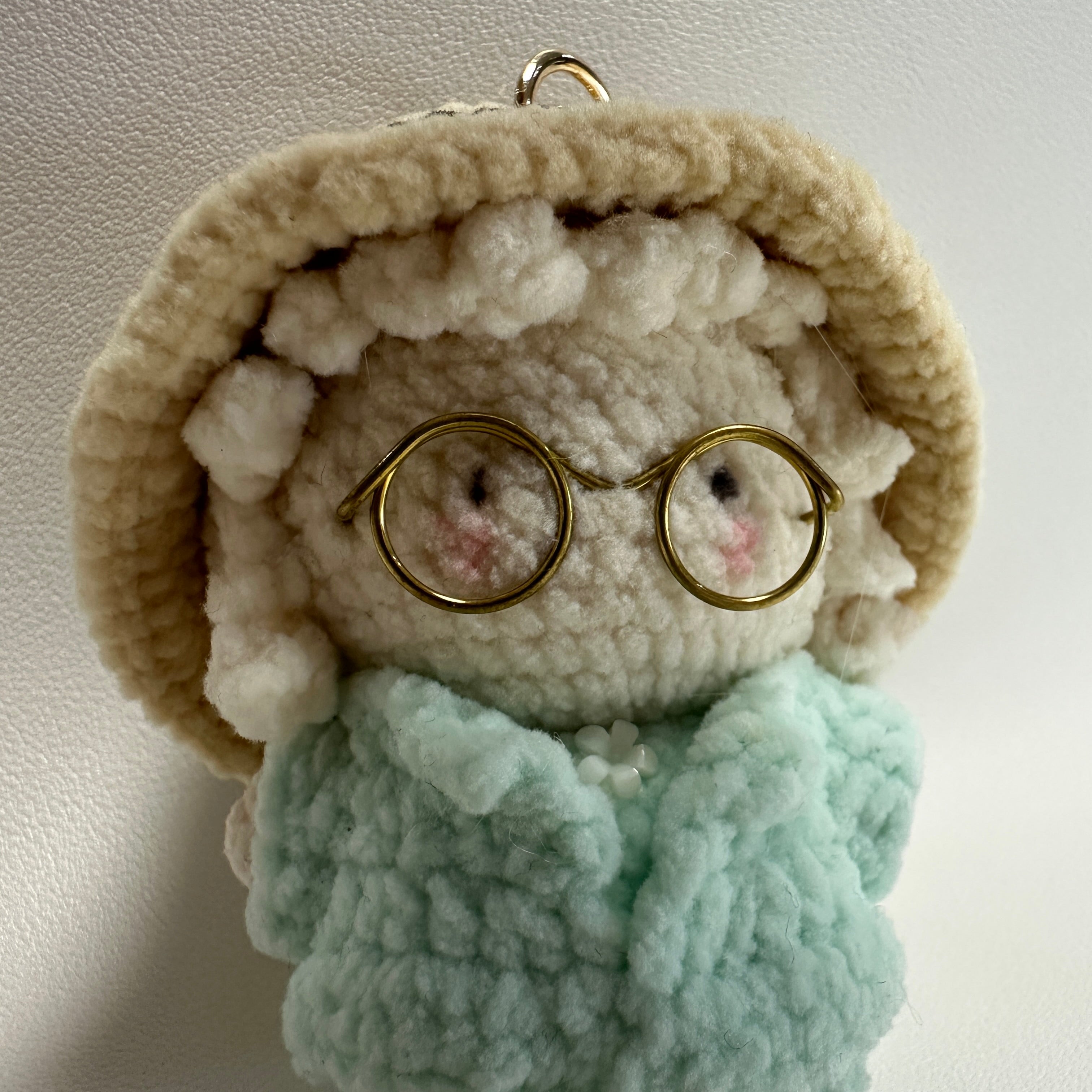 Handmade Crochet Lamb Keychain – Gold Glasses & Mint Coat | 8cm Amigurumi Charm