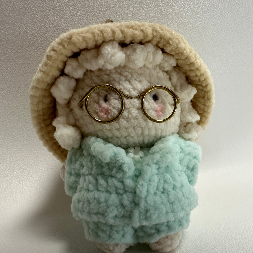 Handmade Crochet Lamb Keychain – Gold Glasses & Mint Coat | 8cm Amigurumi Charm