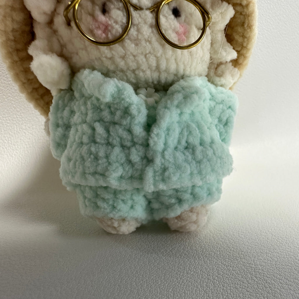 Handmade Crochet Lamb Keychain – Gold Glasses & Mint Coat | 8cm Amigurumi Charm
