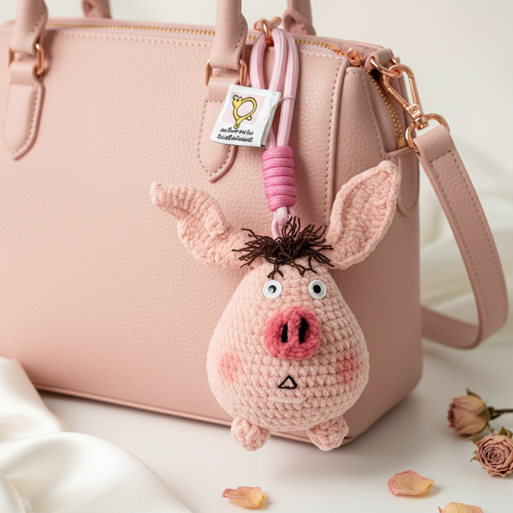 Crochet pig keychain doll side view, handmade amigurumi pink pig charm bag pendant
