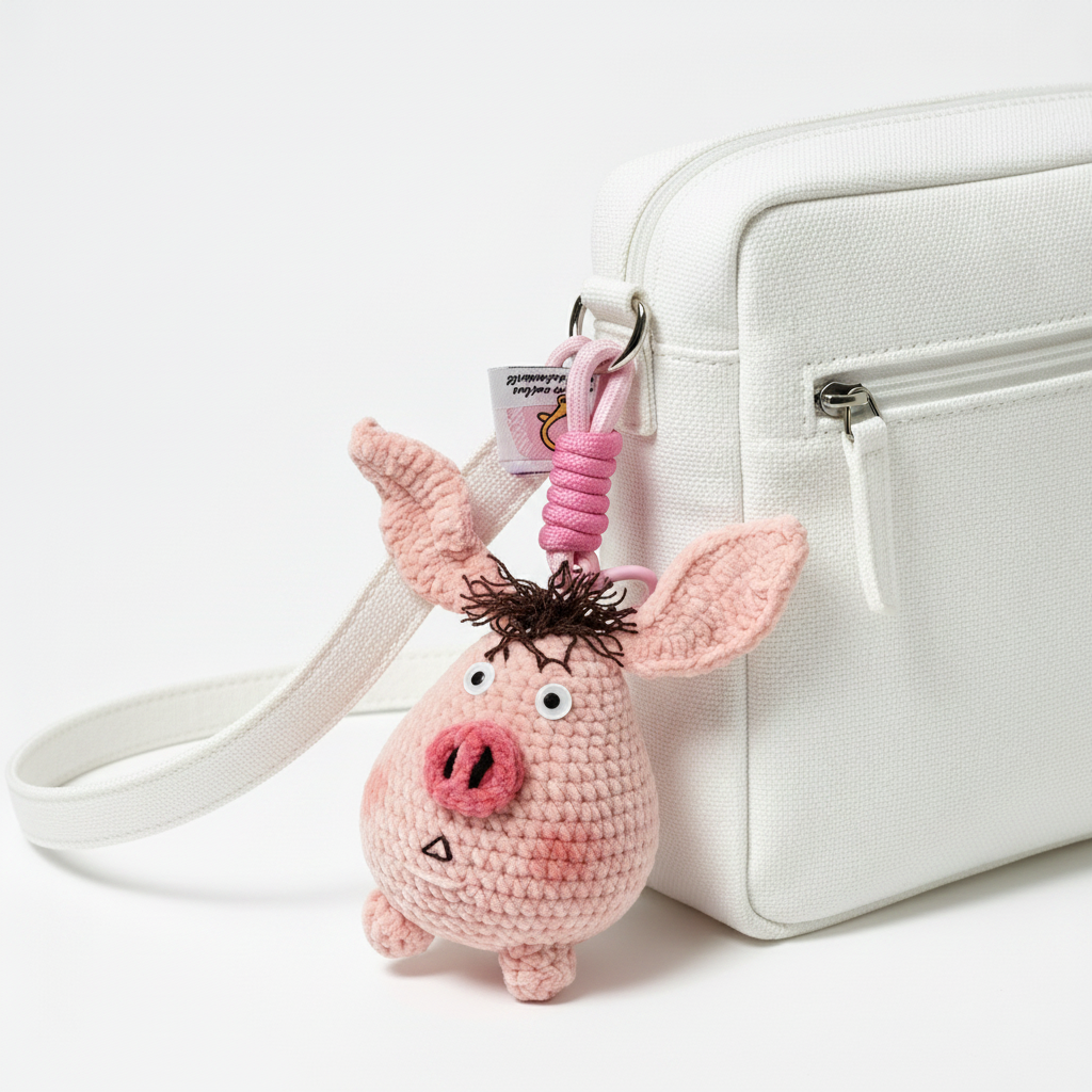Pink amigurumi pig keychain close-up detail, handmade crochet chenille yarn doll charm
