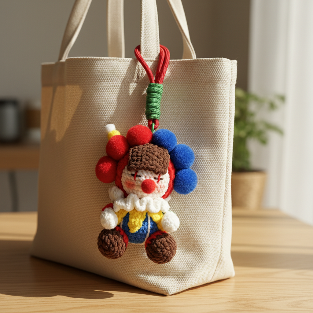 Handmade clown amigurumi keychain close-up, cute kawaii crochet doll bag charm
