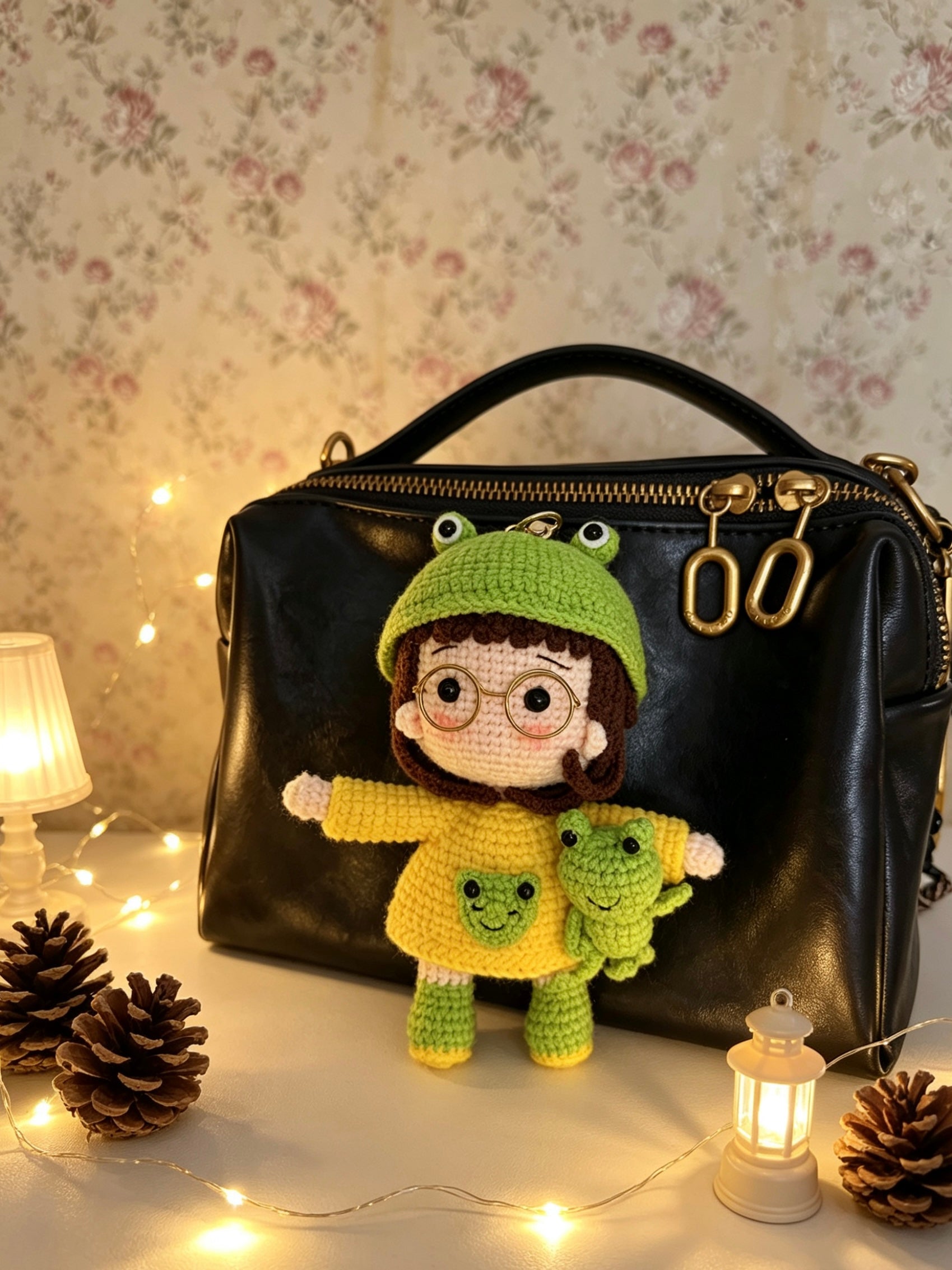 Handmade Crochet Frog Girl Keychain – Gold Glasses, Yellow Raincoat & Mini Frog Buddy | Amigurumi Charm