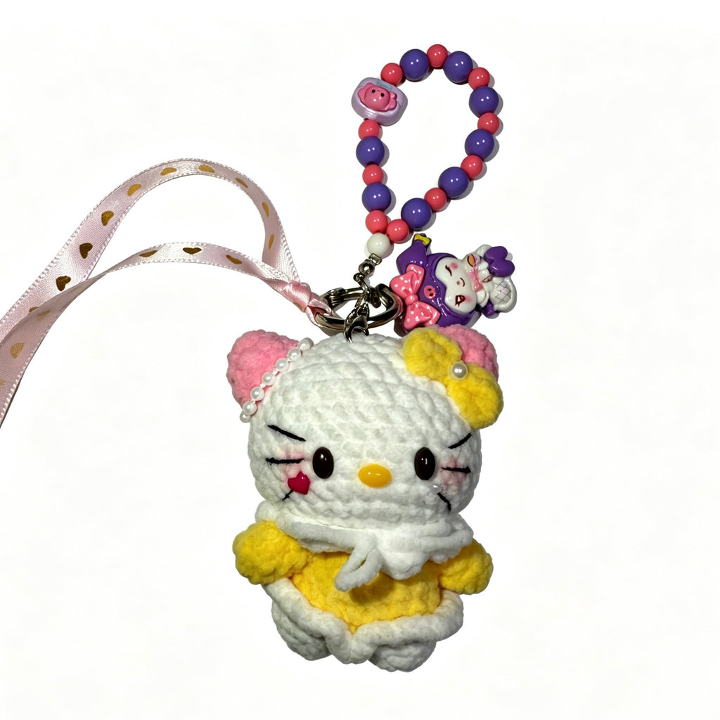 Sunny Yellow Kitty Handmade Crochet Charm with Kuromi Strap