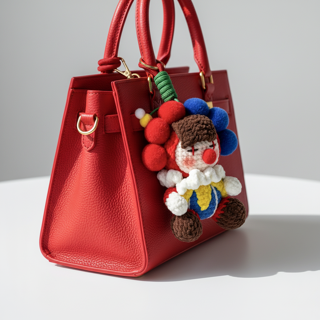Handmade chenille yarn clown doll keychain side view, kawaii amigurumi bag charm
