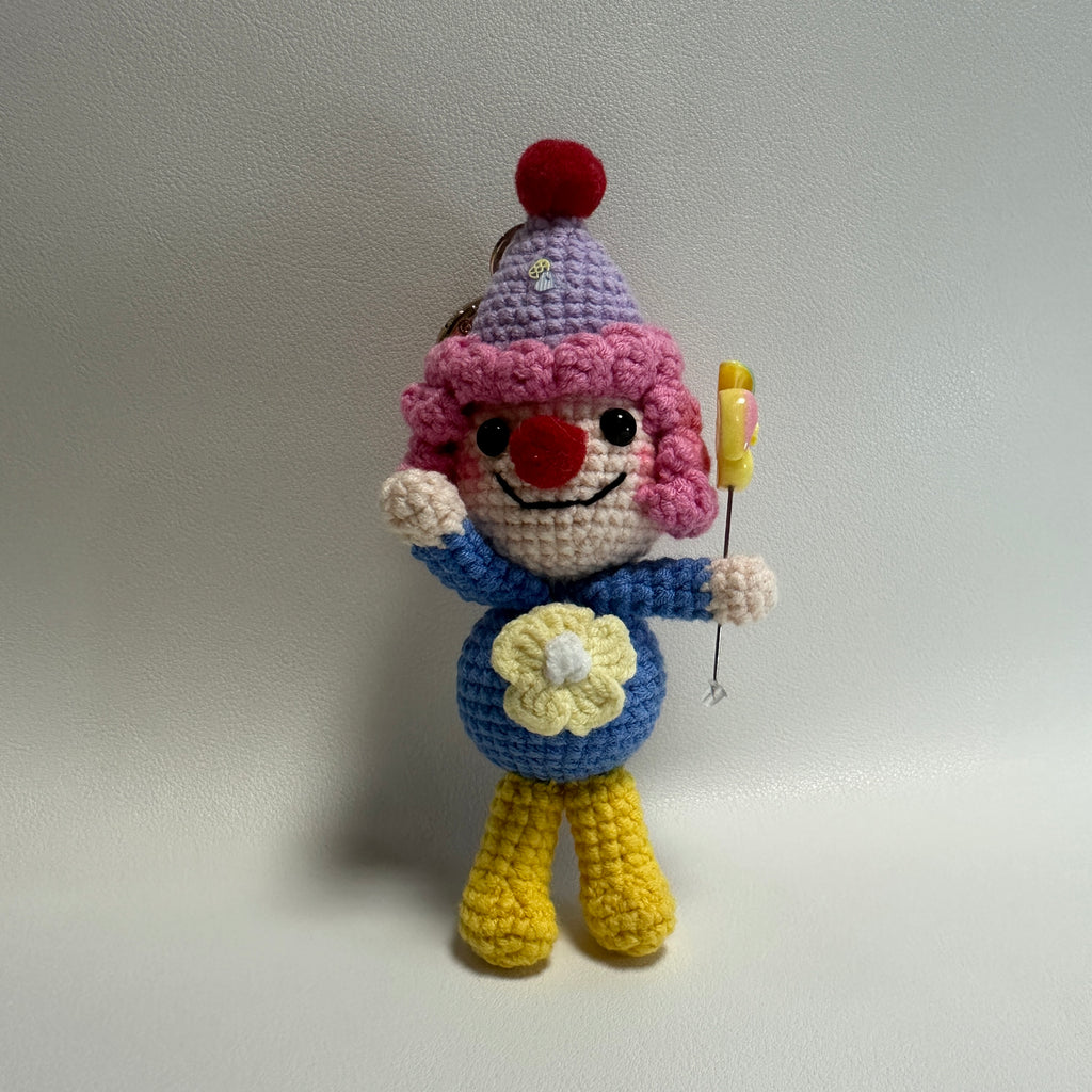 Handmade Crochet Clown Keychain – Pink Curls, Party Hat & Lollipop | 13cm Amigurumi Charm