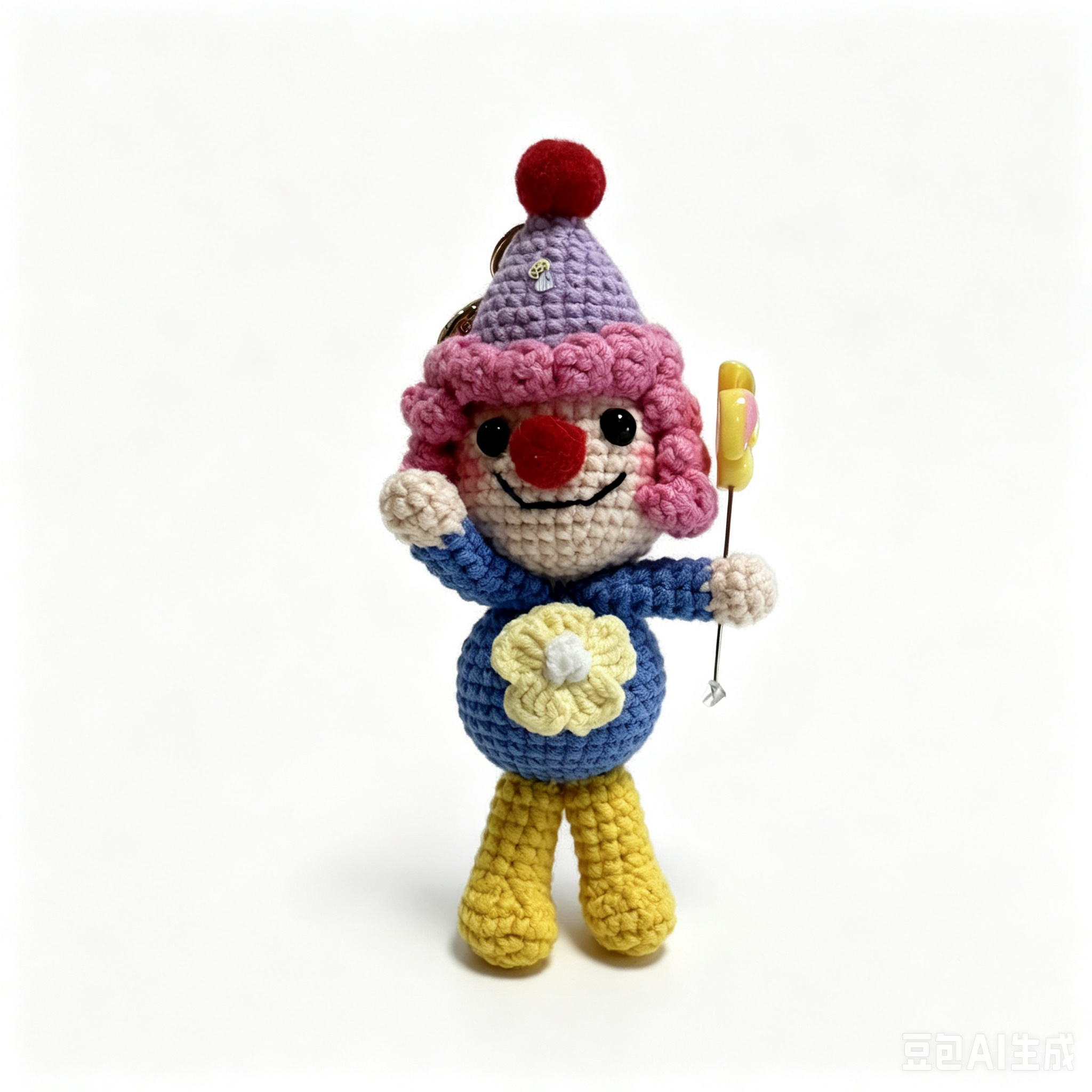 Handmade Crochet Clown Keychain – Pink Curls, Party Hat & Lollipop | 13cm Amigurumi Charm