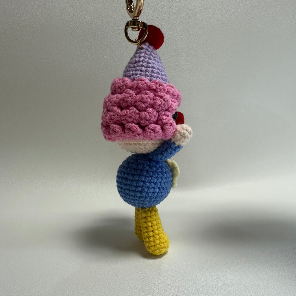 Handmade Crochet Clown Keychain – Pink Curls, Party Hat & Lollipop | 13cm Amigurumi Charm