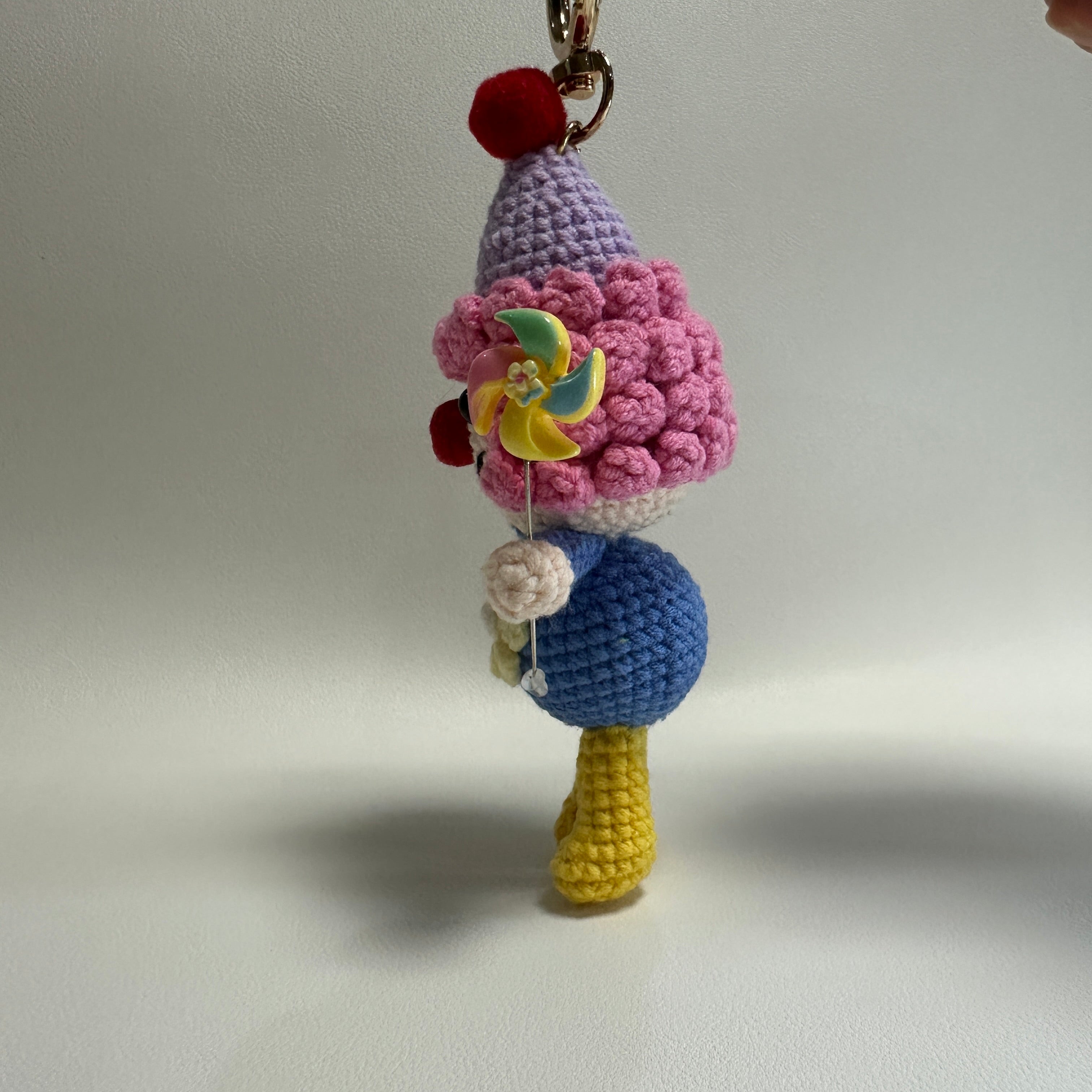 Handmade Crochet Clown Keychain – Pink Curls, Party Hat & Lollipop | 13cm Amigurumi Charm