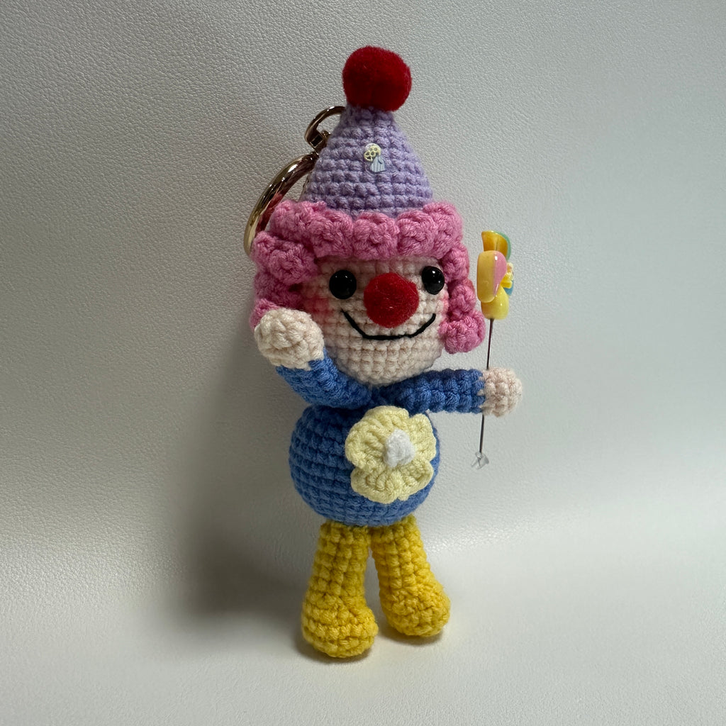 Handmade Crochet Clown Keychain – Pink Curls, Party Hat & Lollipop | 13cm Amigurumi Charm