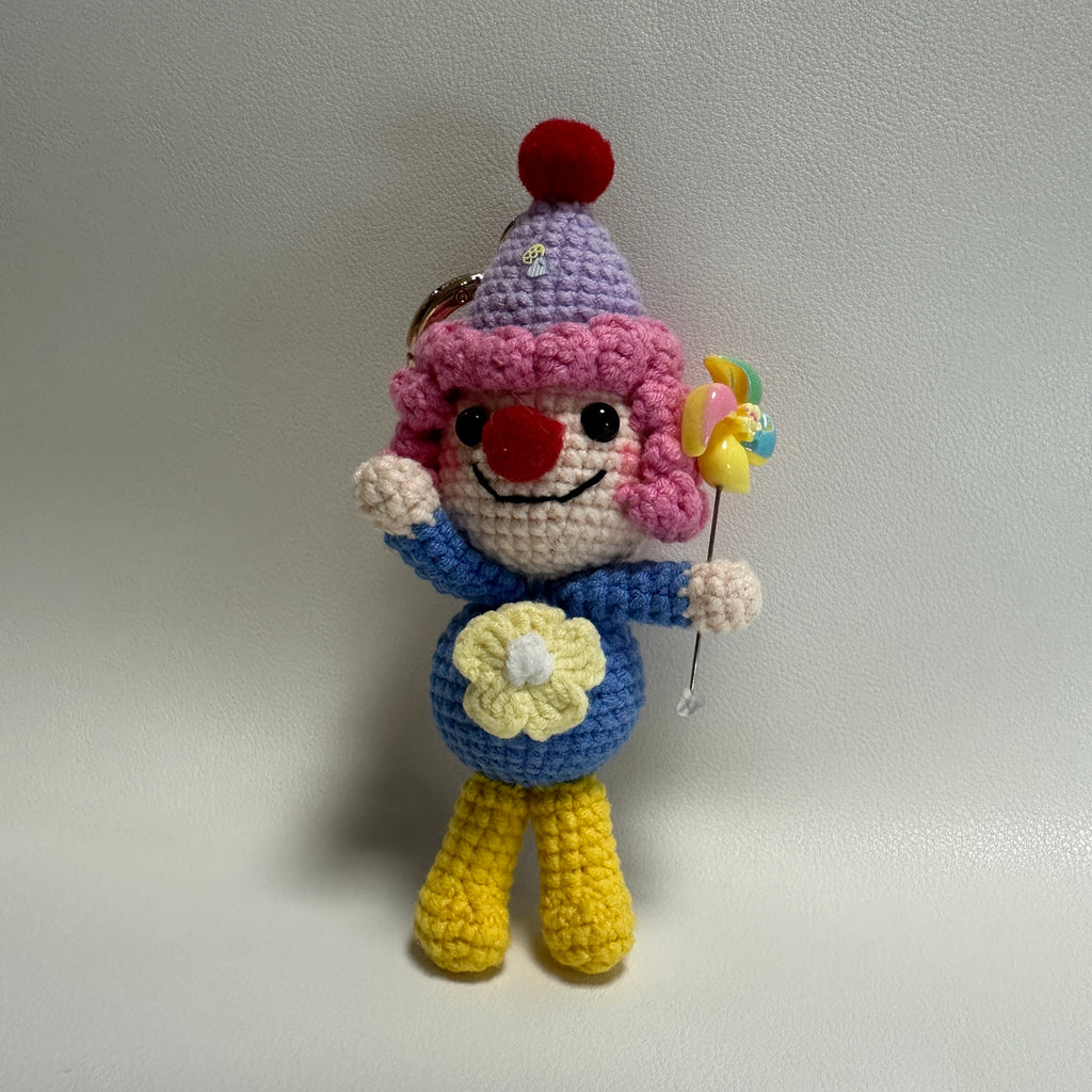 Handmade Crochet Clown Keychain – Pink Curls, Party Hat & Lollipop | 13cm Amigurumi Charm
