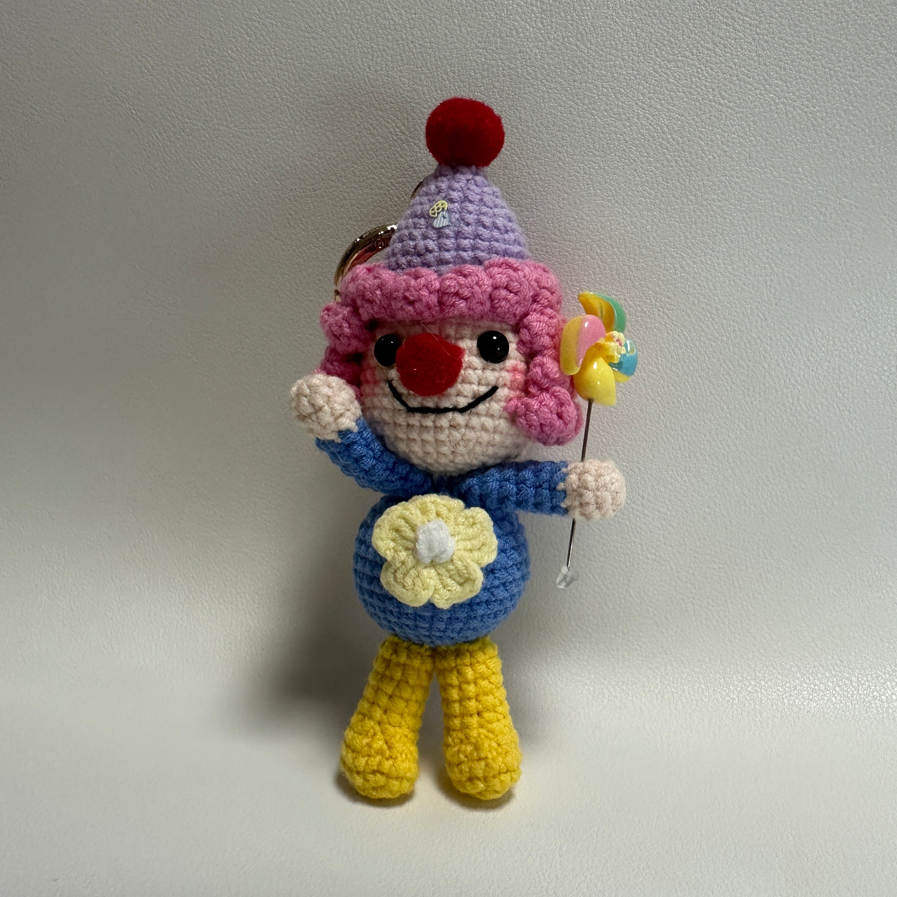Handmade Crochet Clown Keychain – Pink Curls, Party Hat & Lollipop | 13cm Amigurumi Charm