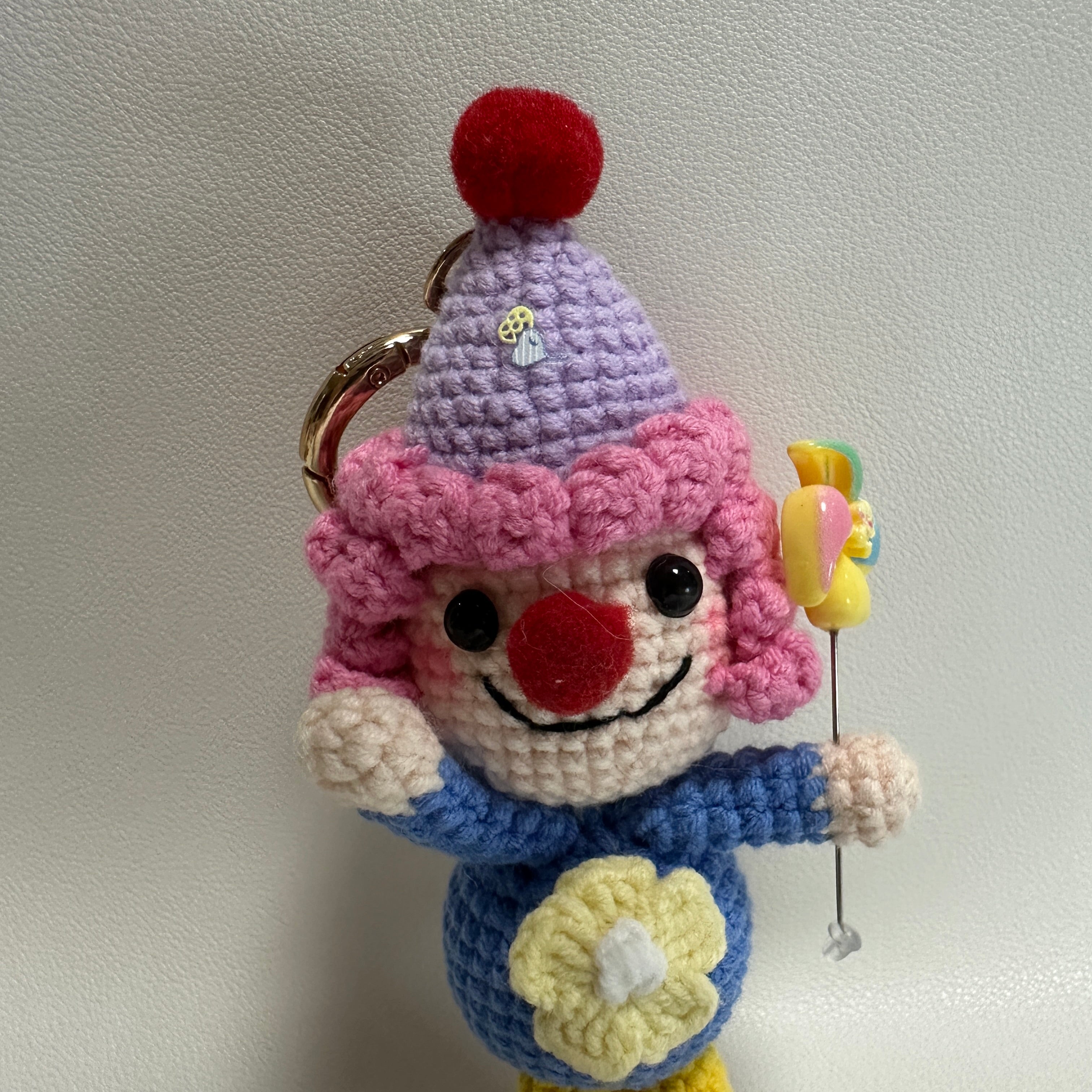 Handmade Crochet Clown Keychain – Pink Curls, Party Hat & Lollipop | 13cm Amigurumi Charm