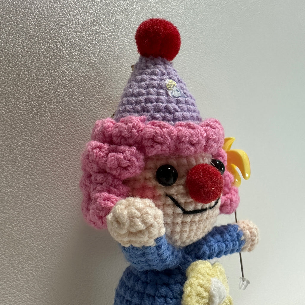 Handmade Crochet Clown Keychain – Pink Curls, Party Hat & Lollipop | 13cm Amigurumi Charm