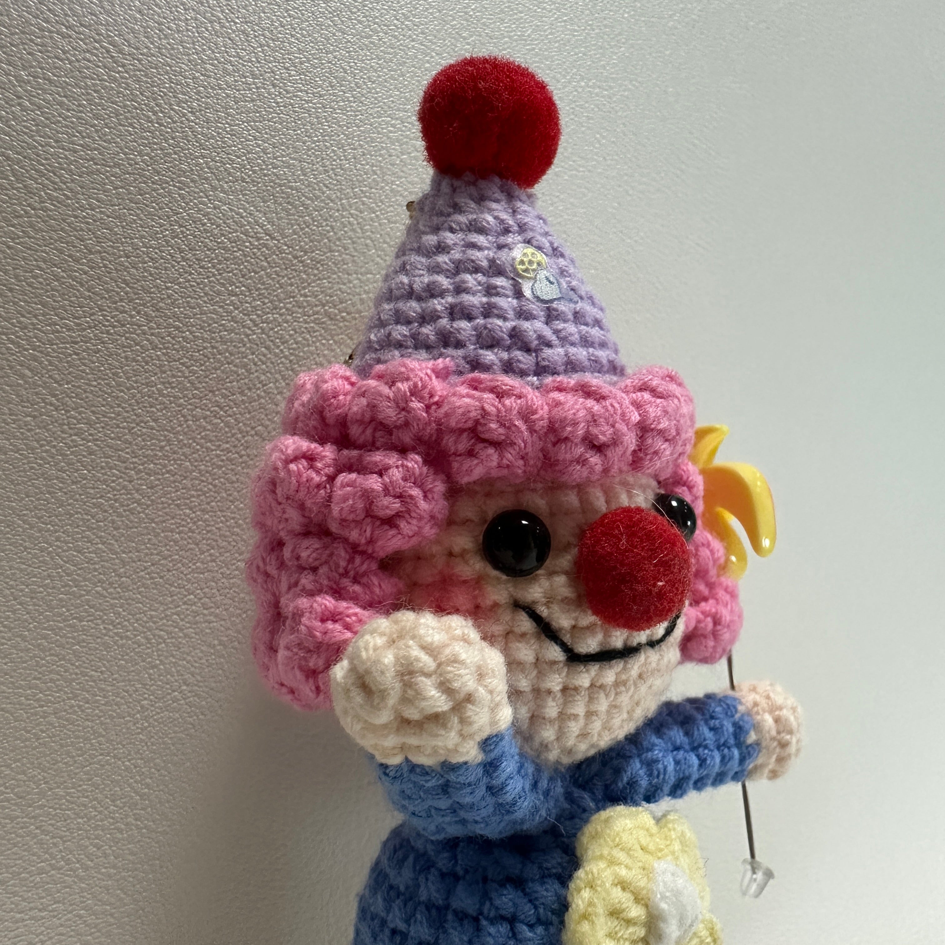 Handmade Crochet Clown Keychain – Pink Curls, Party Hat & Lollipop | 13cm Amigurumi Charm