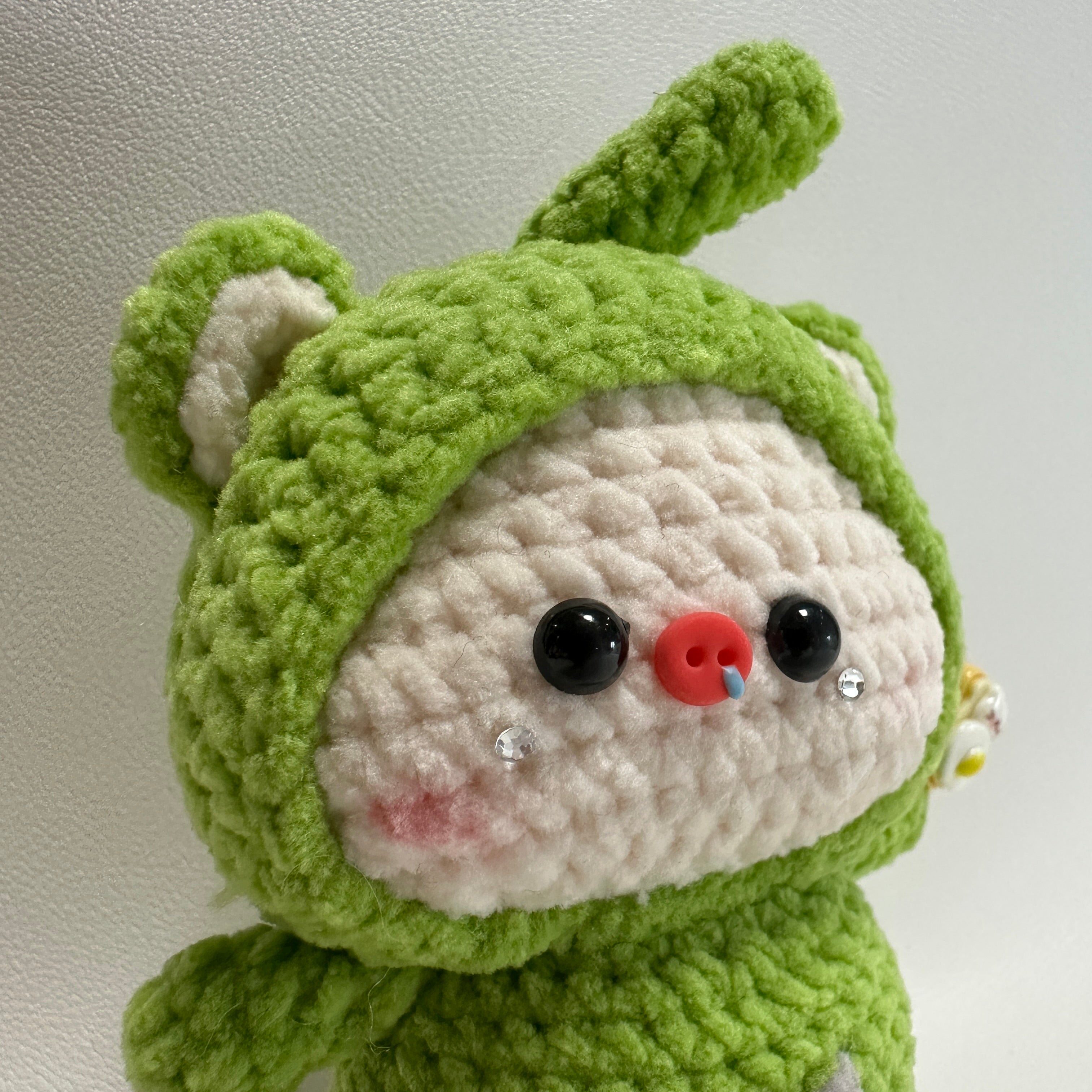 Handmade Crochet Bear Plush – Green Frog Hoodie Doll | 12cm Amigurumi
