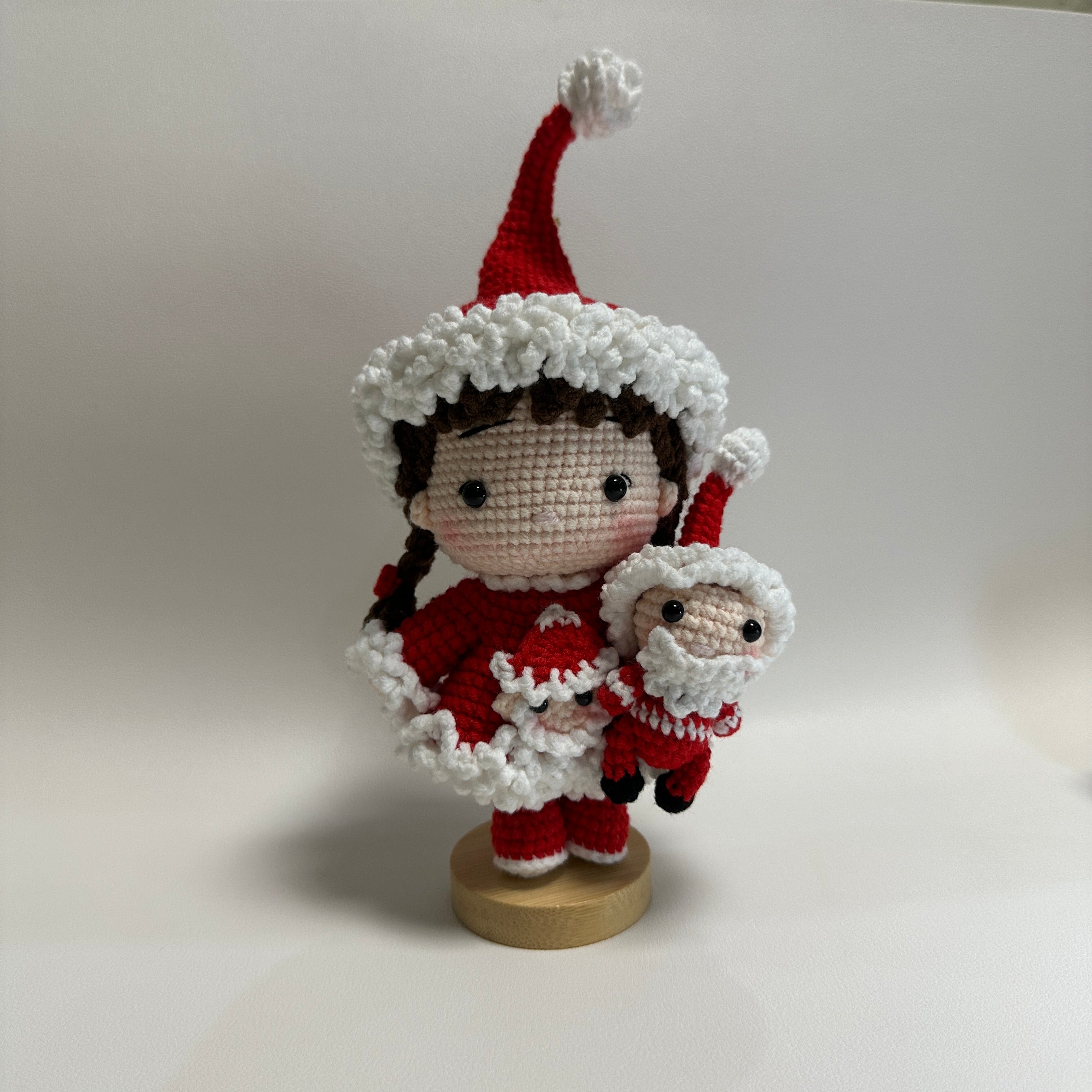 Handmade Crochet Christmas Girl Doll – Santa Outfit with Mini Doll | 20cm Amigurumi