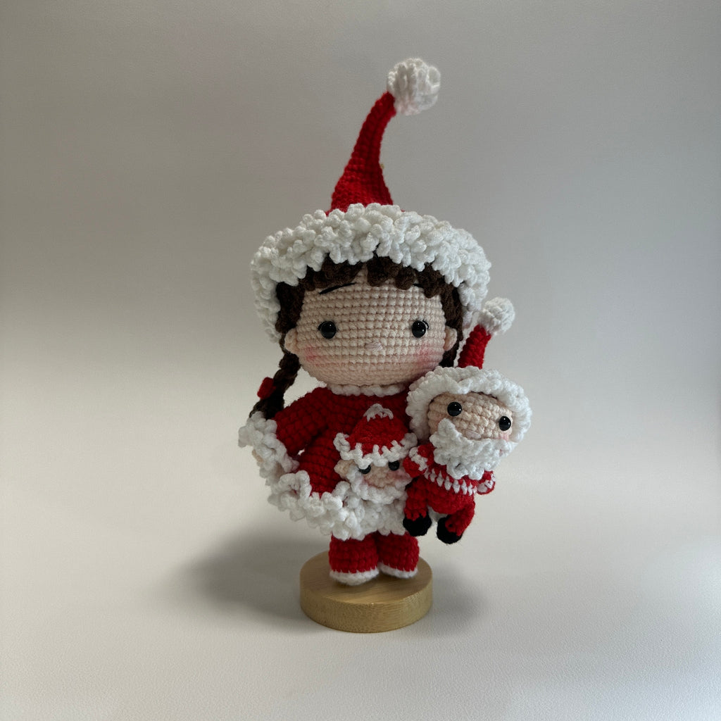 Handmade Crochet Christmas Girl Doll – Santa Outfit with Mini Doll | 20cm Amigurumi