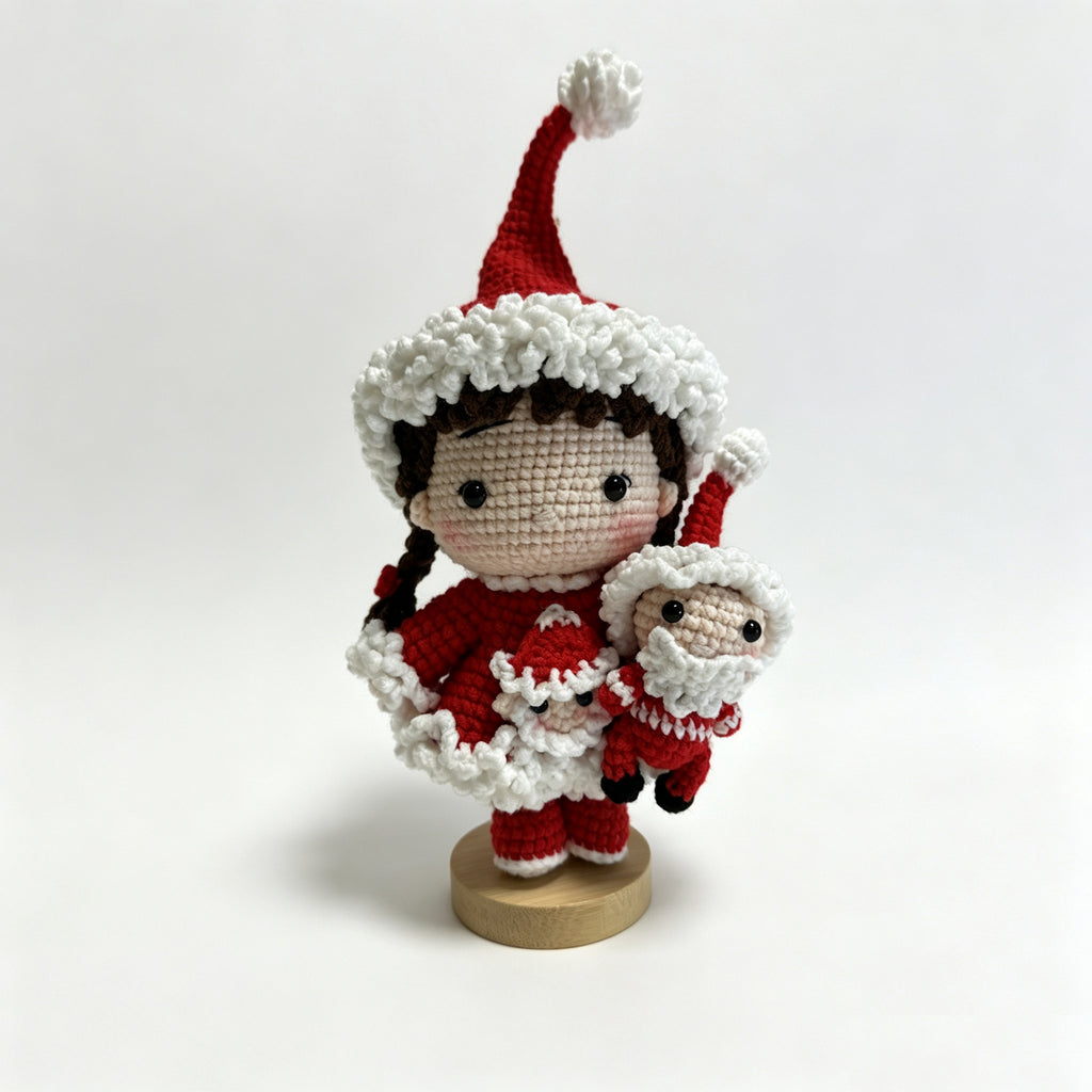 Handmade Crochet Christmas Girl Doll – Santa Outfit with Mini Doll | 20cm Amigurumi