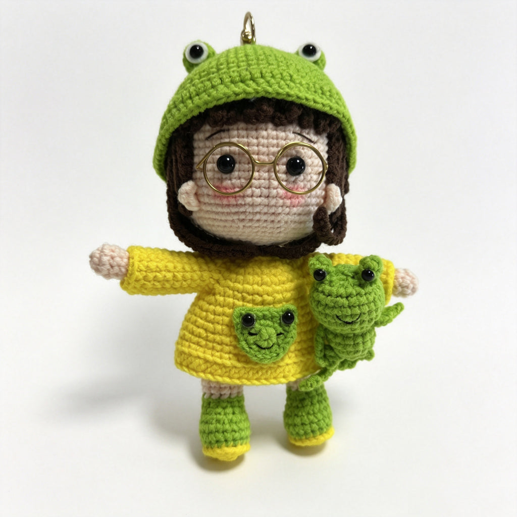 Handmade Crochet Frog Girl Keychain – Gold Glasses, Yellow Raincoat & Mini Frog Buddy | 13cm Amigurumi Charm