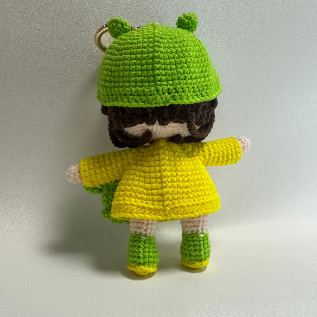 Handmade Crochet Frog Girl Keychain – Gold Glasses, Yellow Raincoat & Mini Frog Buddy | 13cm Amigurumi Charm
