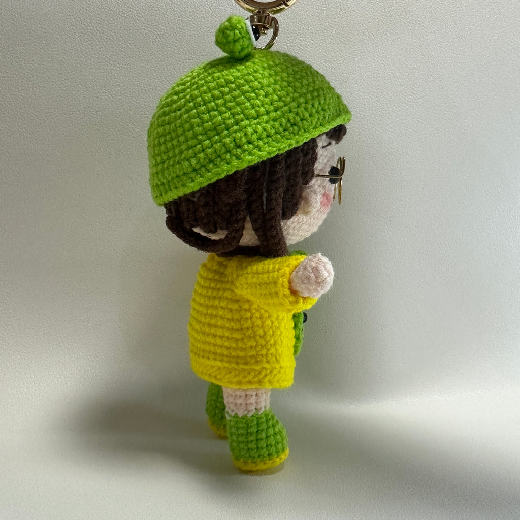 Handmade Crochet Frog Girl Keychain – Gold Glasses, Yellow Raincoat & Mini Frog Buddy | 13cm Amigurumi Charm
