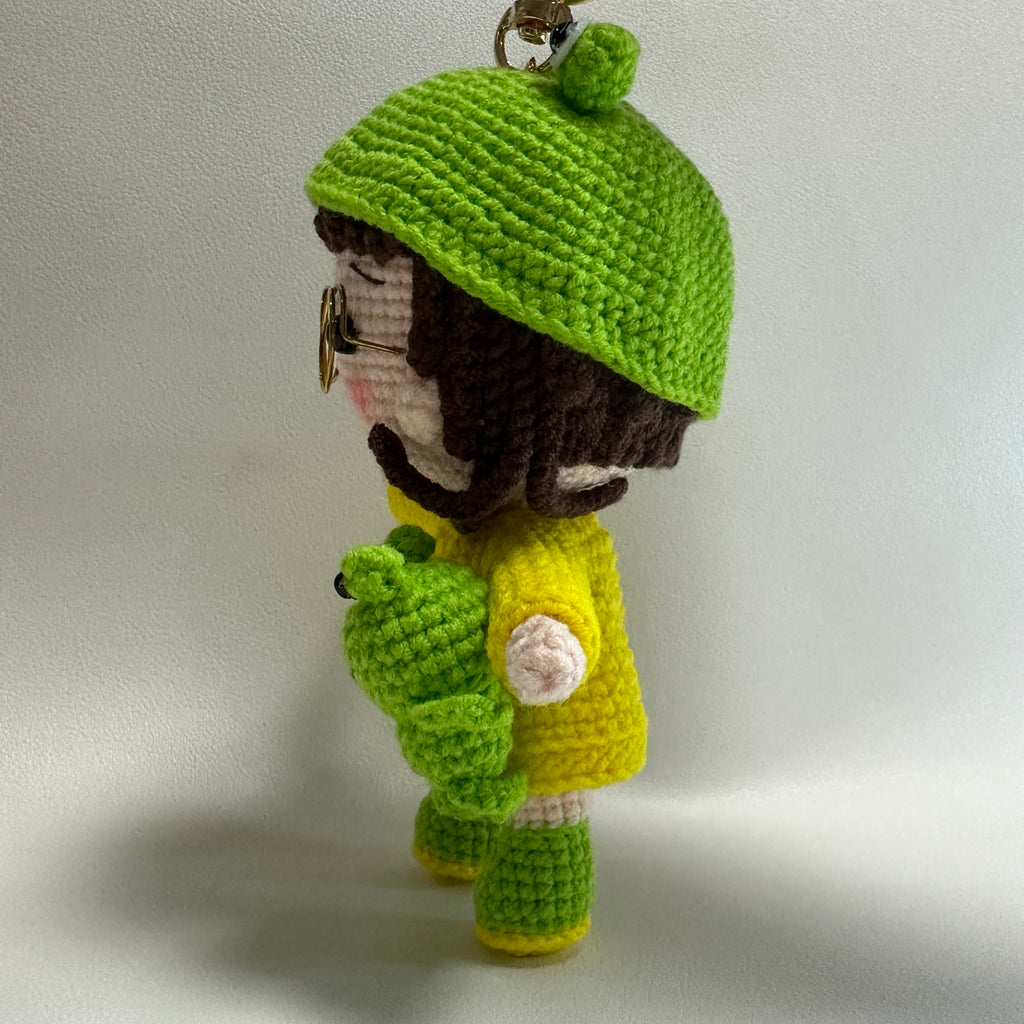 Handmade Crochet Frog Girl Keychain – Gold Glasses, Yellow Raincoat & Mini Frog Buddy | 13cm Amigurumi Charm