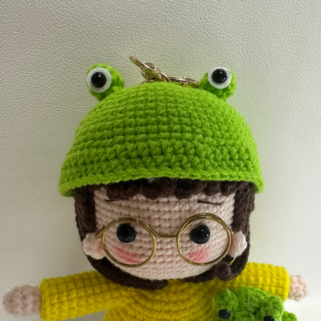 Handmade Crochet Frog Girl Keychain – Gold Glasses, Yellow Raincoat & Mini Frog Buddy | 13cm Amigurumi Charm