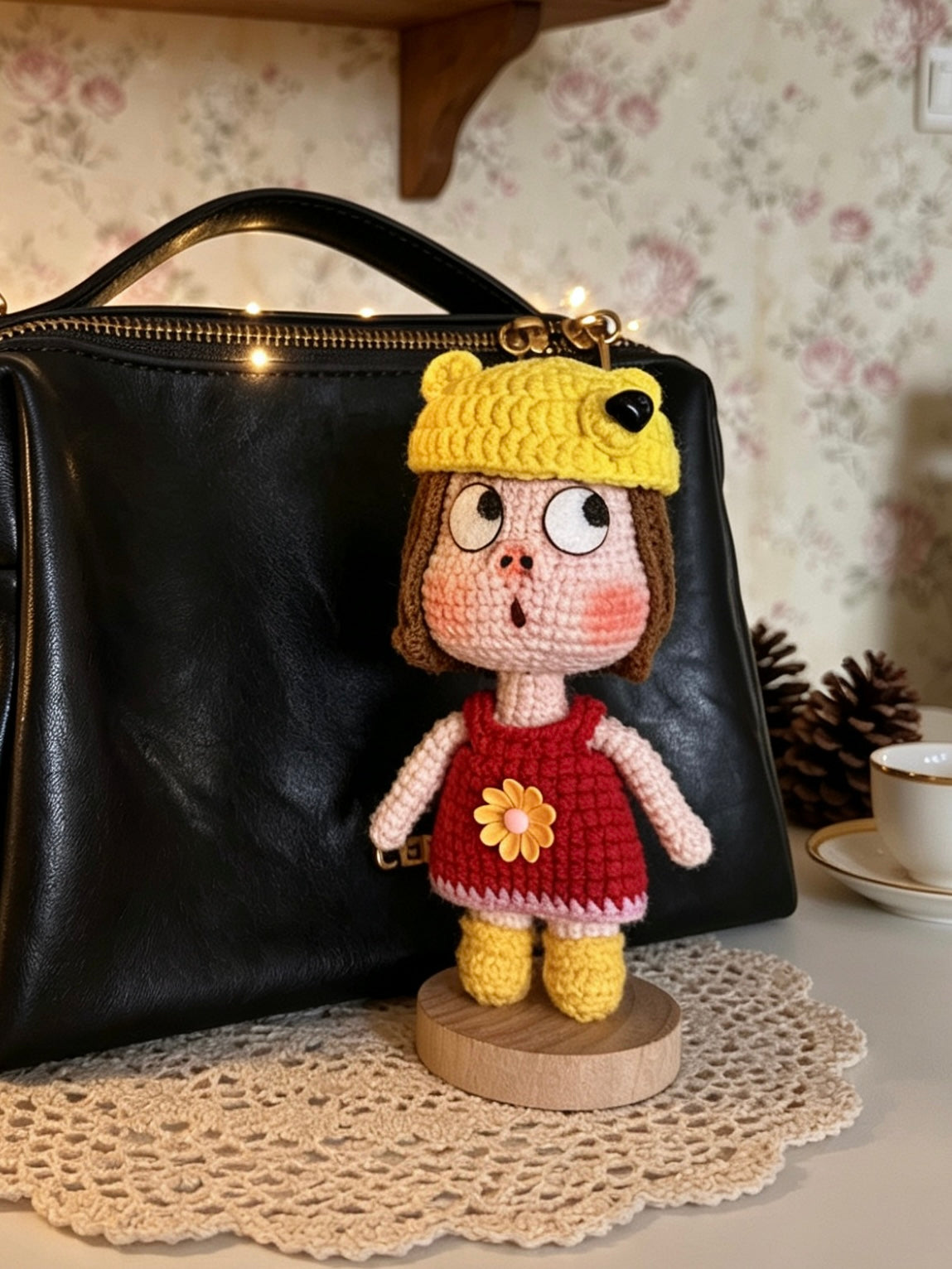 Handmade Crochet Pig Girl Doll – Removable Yellow Fish Hat | 12cm Amigurumi