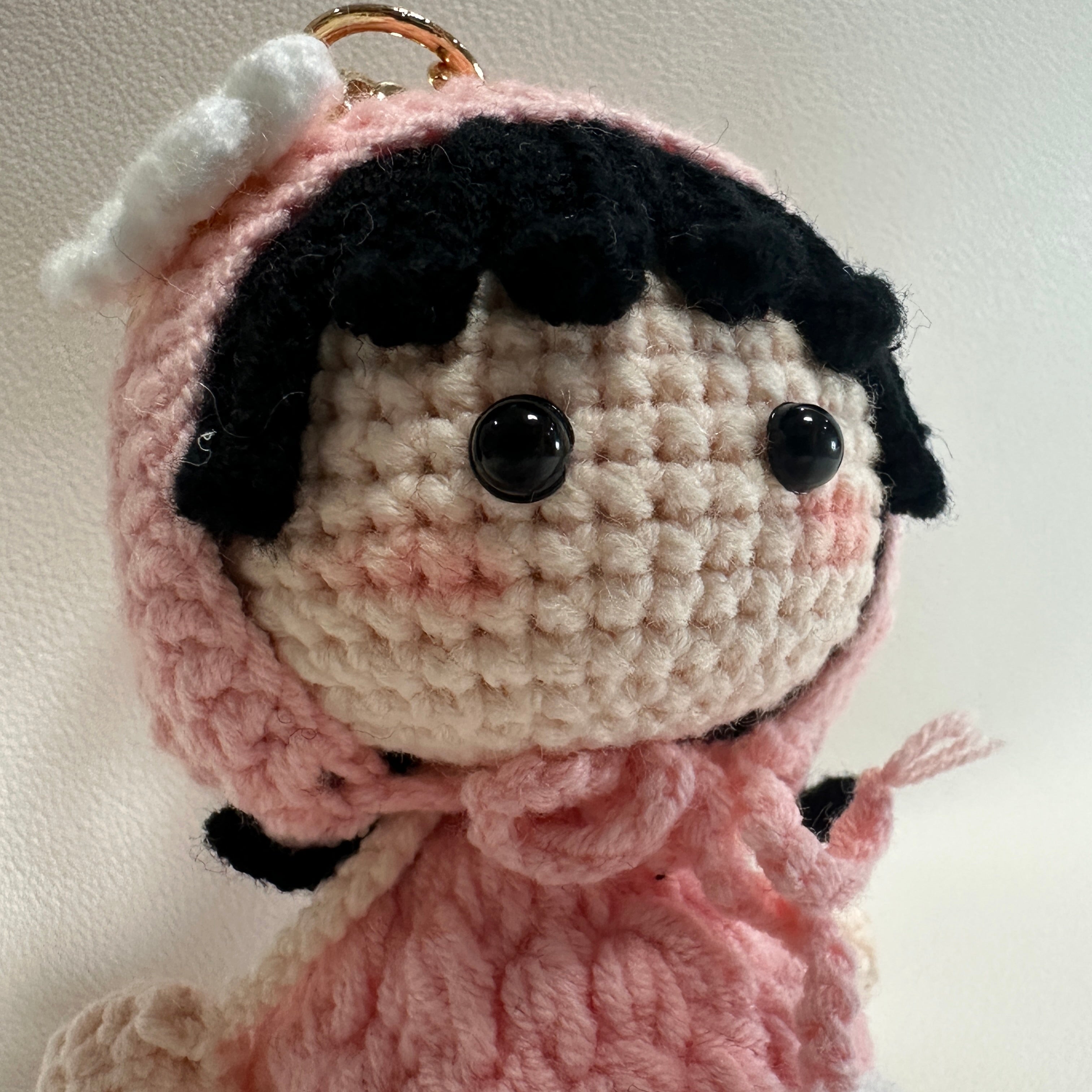 Handmade Crochet Bunny Girl Keychain – Pink Bunny Hoodie, Black Hair & Pompom Feet | 10cm Amigurumi Charm