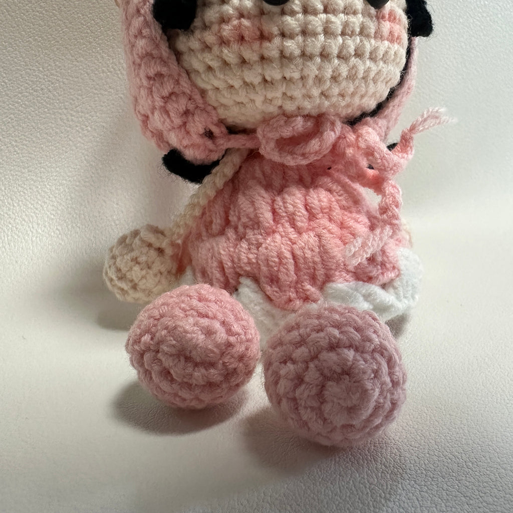 Handmade Crochet Bunny Girl Keychain – Pink Bunny Hoodie, Black Hair & Pompom Feet | 10cm Amigurumi Charm