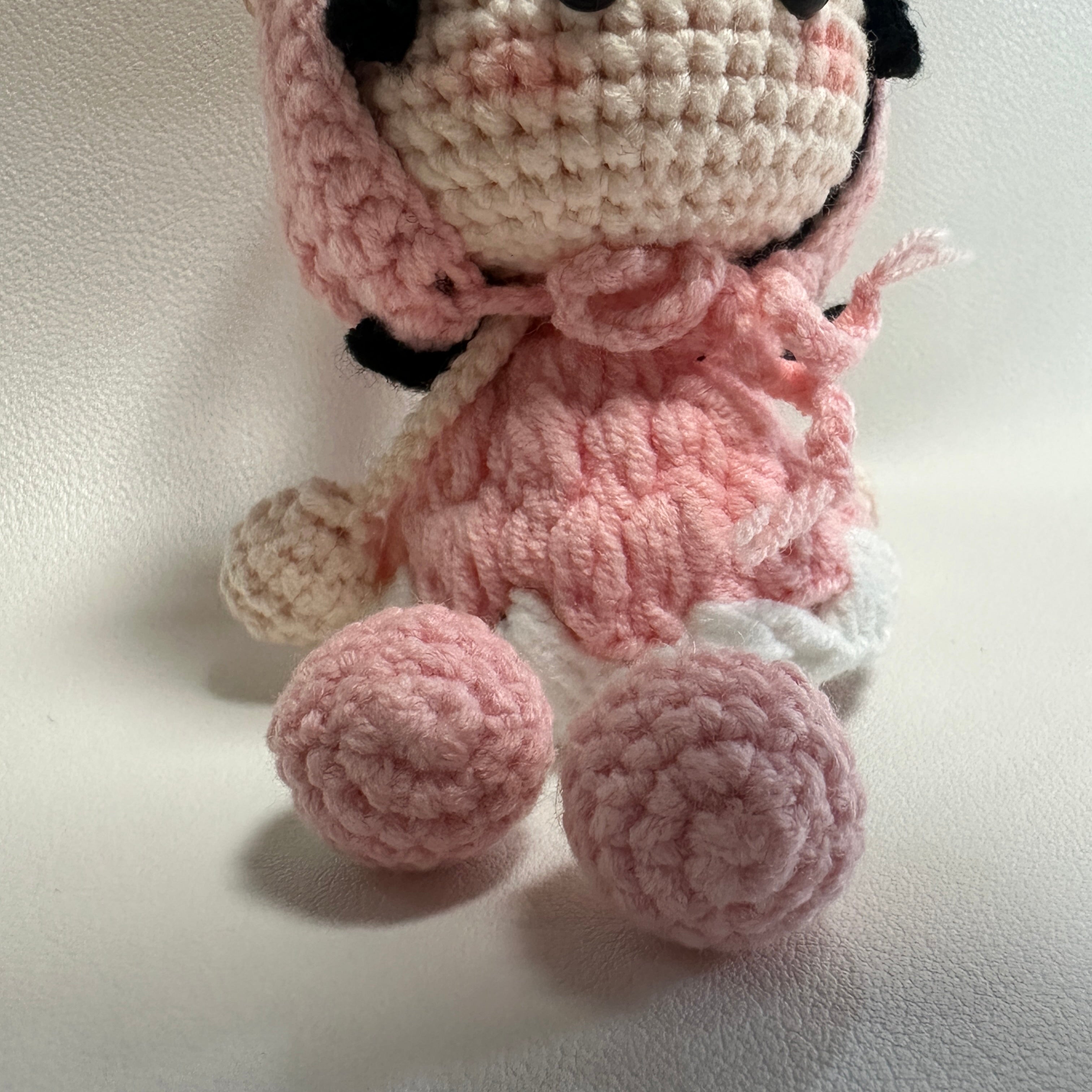Handmade Crochet Bunny Girl Keychain – Pink Bunny Hoodie, Black Hair & Pompom Feet | 10cm Amigurumi Charm