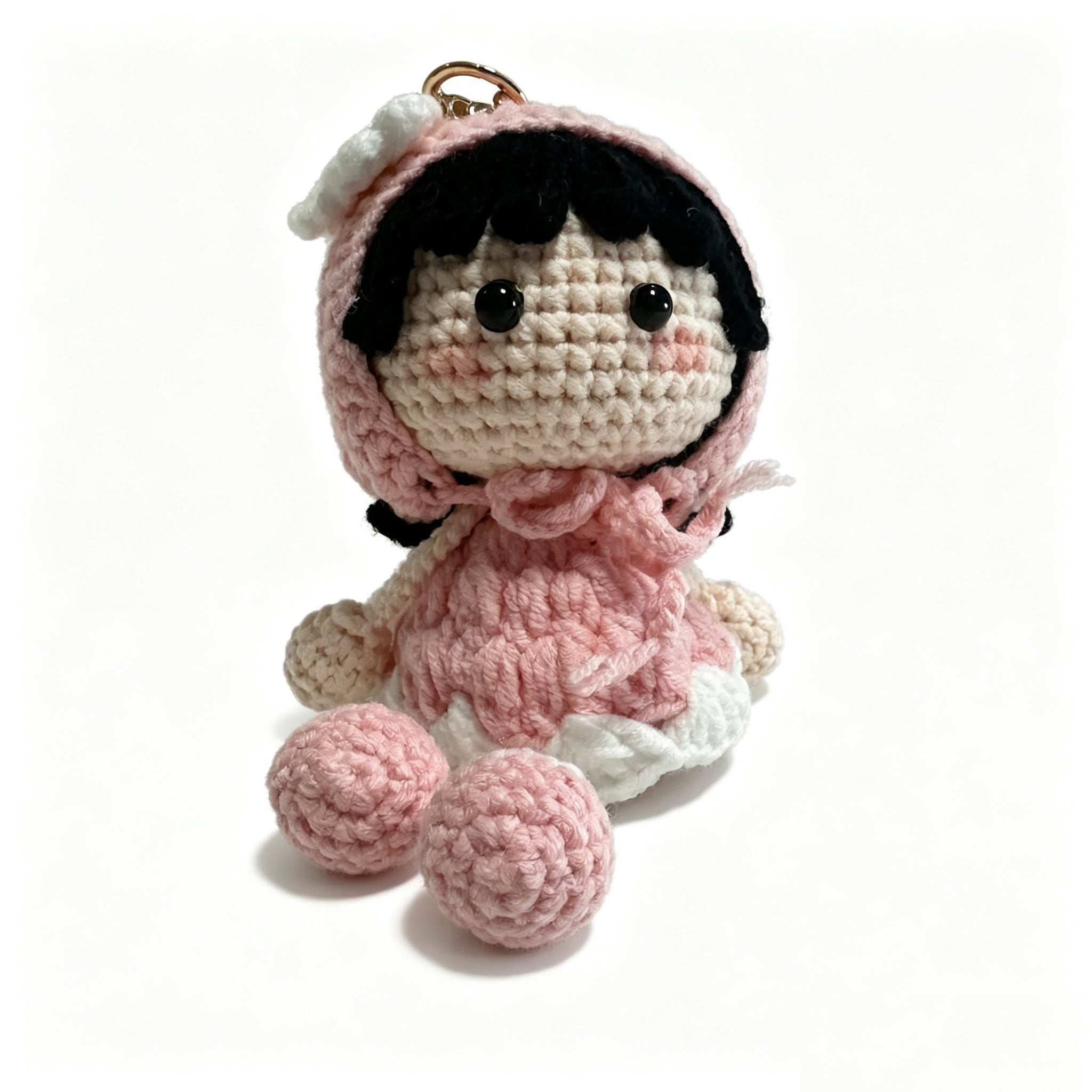Handmade Crochet Bunny Girl Keychain – Pink Bunny Hoodie, Black Hair & Pompom Feet | 10cm Amigurumi Charm