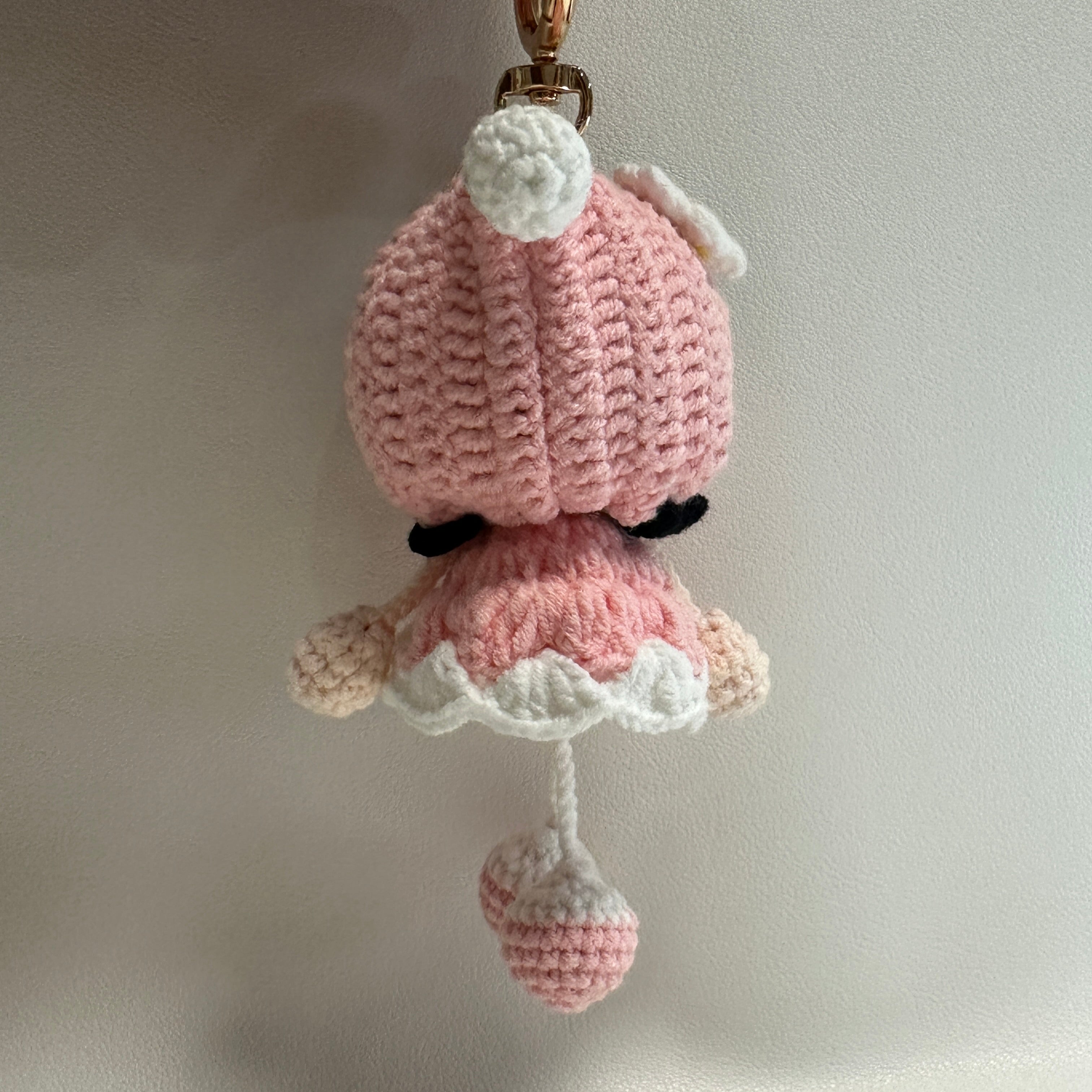 Handmade Crochet Bunny Girl Keychain – Pink Bunny Hoodie, Black Hair & Pompom Feet | 10cm Amigurumi Charm