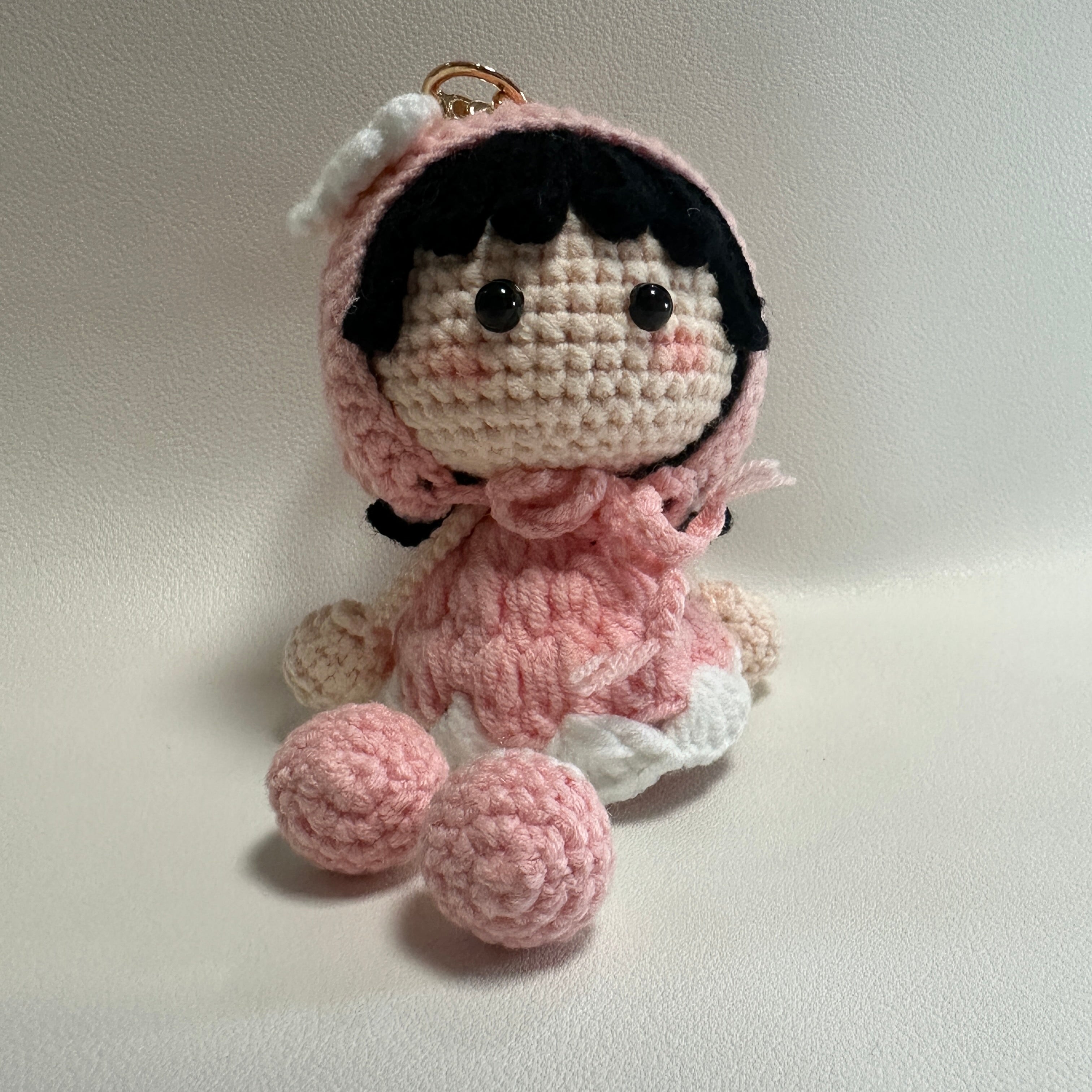 Handmade Crochet Bunny Girl Keychain – Pink Bunny Hoodie, Black Hair & Pompom Feet | 10cm Amigurumi Charm