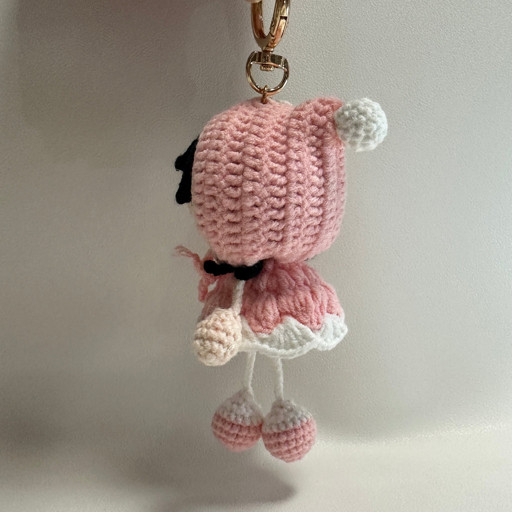 Handmade Crochet Bunny Girl Keychain – Pink Bunny Hoodie, Black Hair & Pompom Feet | 10cm Amigurumi Charm