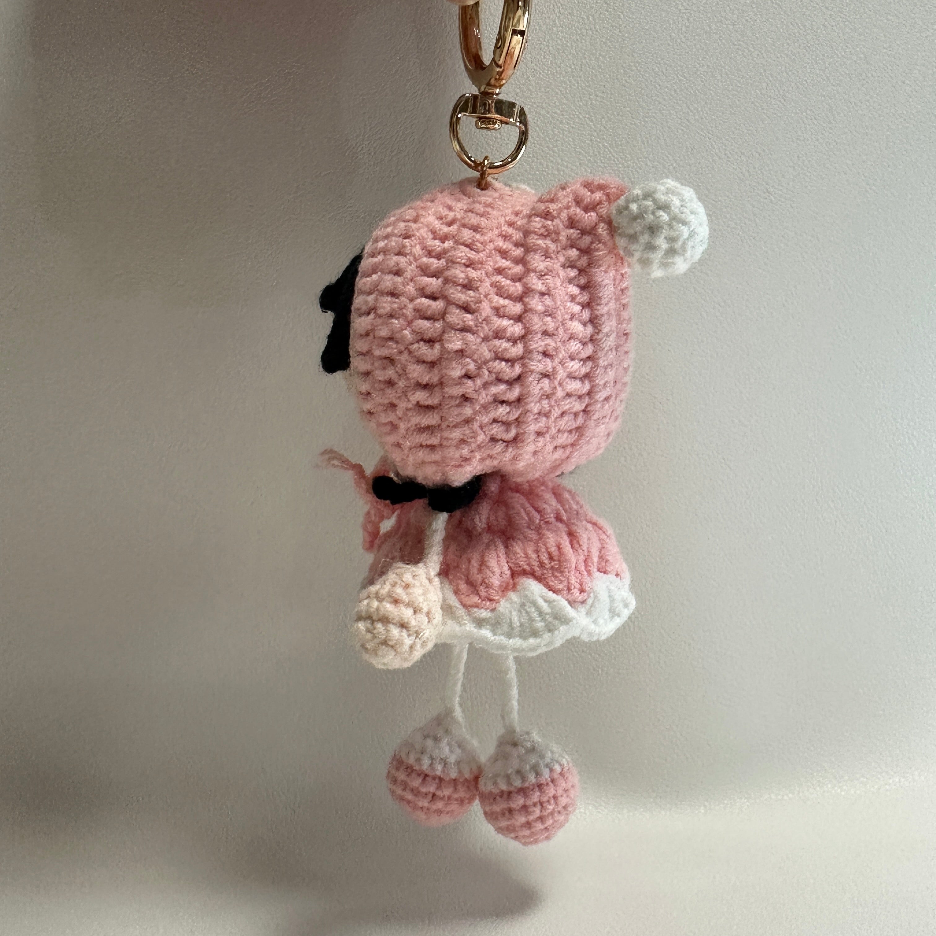 Handmade Crochet Bunny Girl Keychain – Pink Bunny Hoodie, Black Hair & Pompom Feet | 10cm Amigurumi Charm