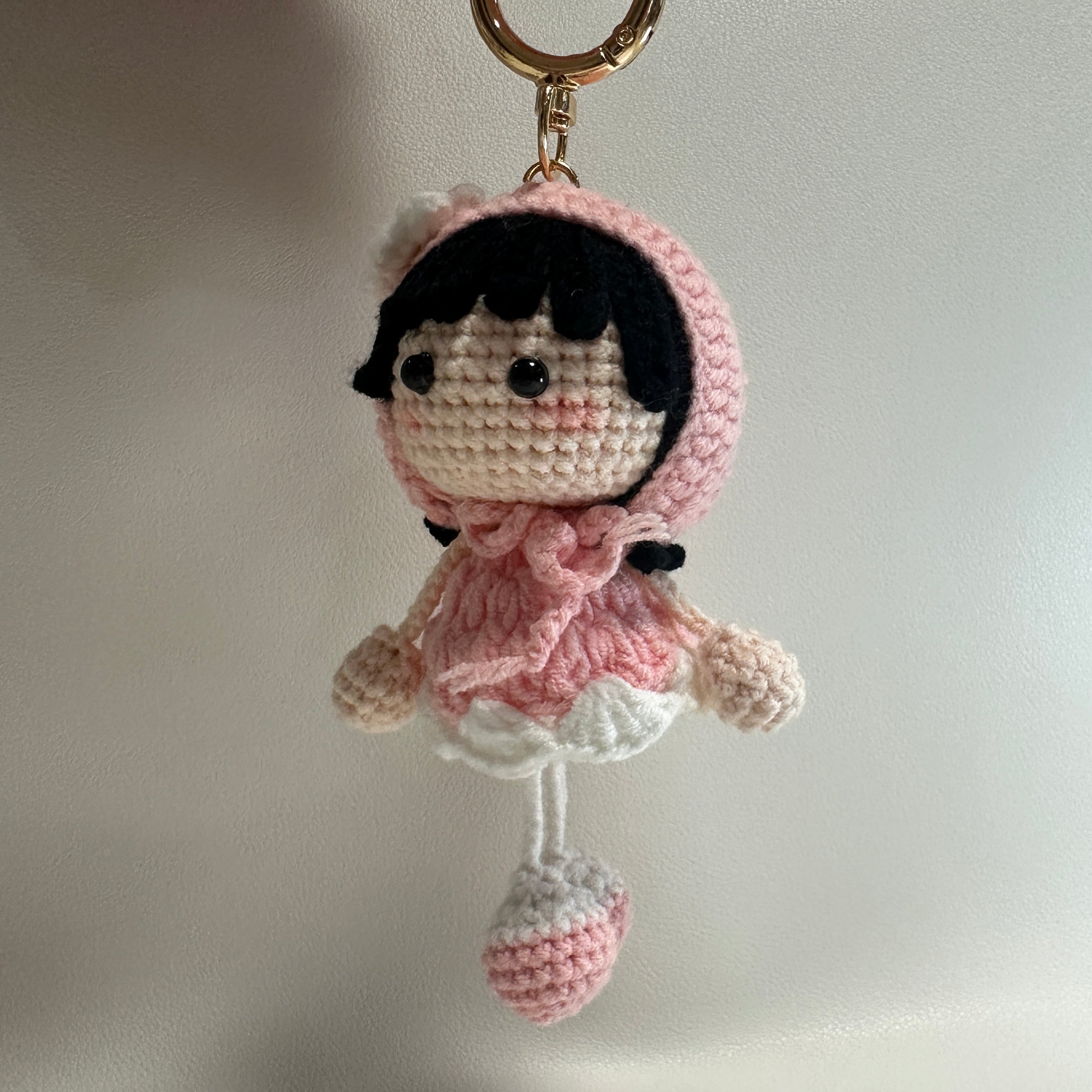Handmade Crochet Bunny Girl Keychain – Pink Bunny Hoodie, Black Hair & Pompom Feet | 10cm Amigurumi Charm