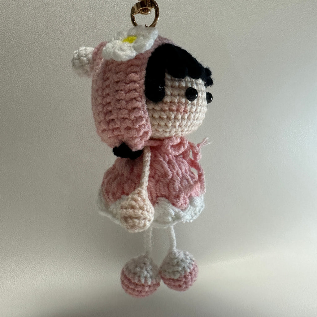 Handmade Crochet Bunny Girl Keychain – Pink Bunny Hoodie, Black Hair & Pompom Feet | 10cm Amigurumi Charm