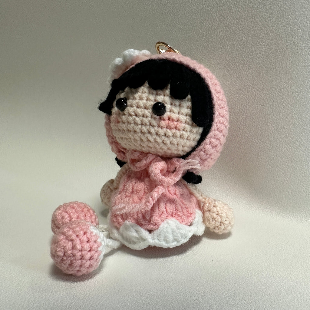 Handmade Crochet Bunny Girl Keychain – Pink Bunny Hoodie, Black Hair & Pompom Feet | 10cm Amigurumi Charm