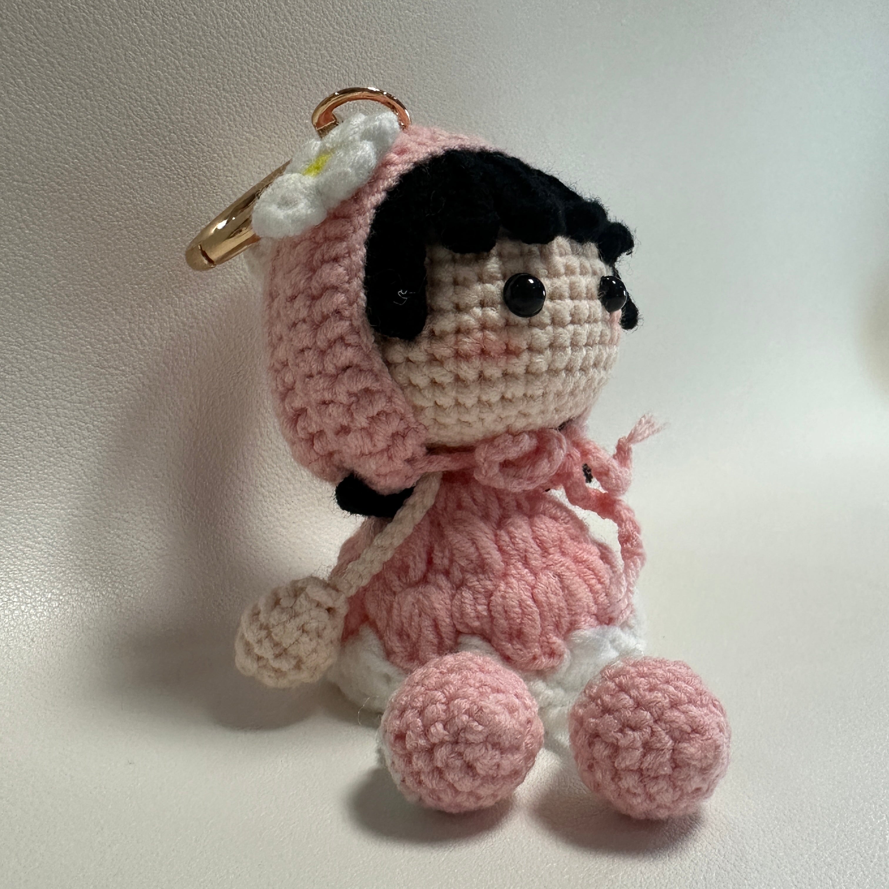 Handmade Crochet Bunny Girl Keychain – Pink Bunny Hoodie, Black Hair & Pompom Feet | 10cm Amigurumi Charm