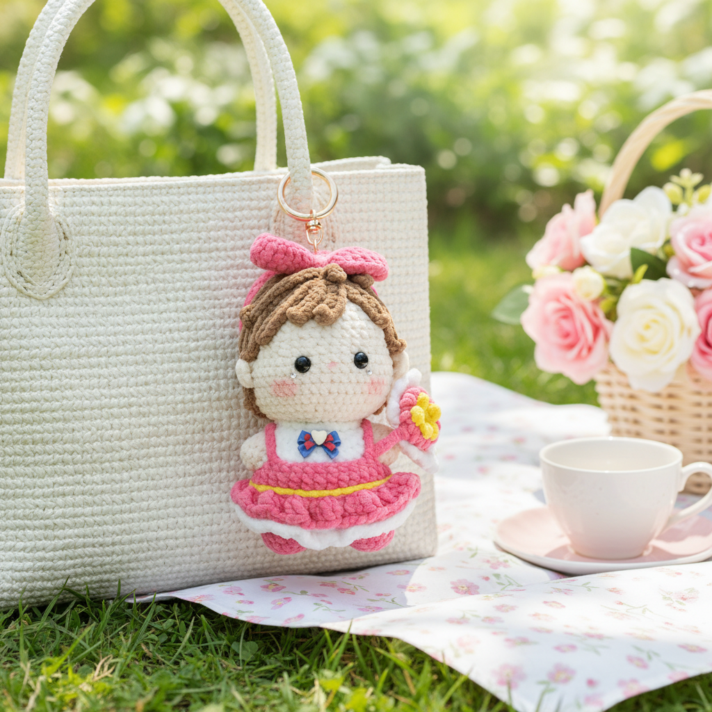 Sweet Bow Girl Crochet Doll Amigurumi Charm | Keychain & Bag Pendant