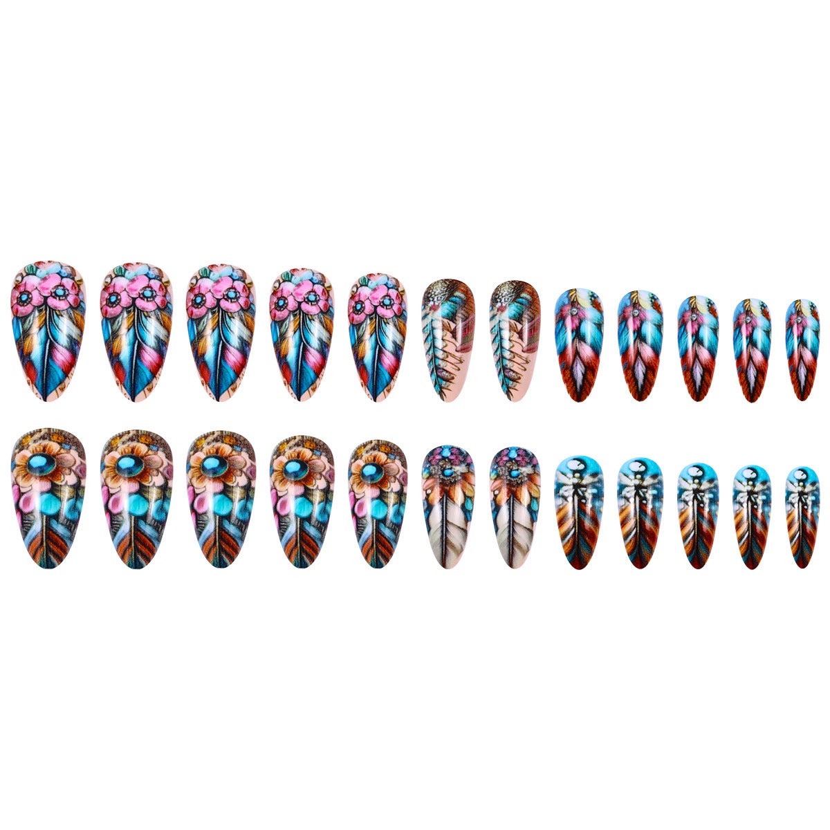 Retro Feather Press On Nails - Colorful Butterfly Design with Glue