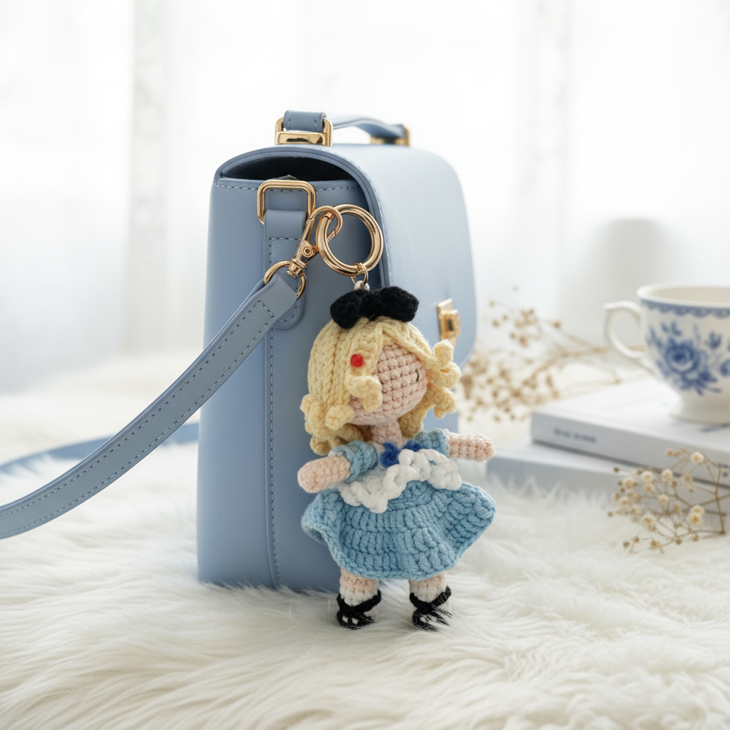 Blonde Girl in Blue Dress Crochet Doll Amigurumi Charm | Keychain & Bag Pendant