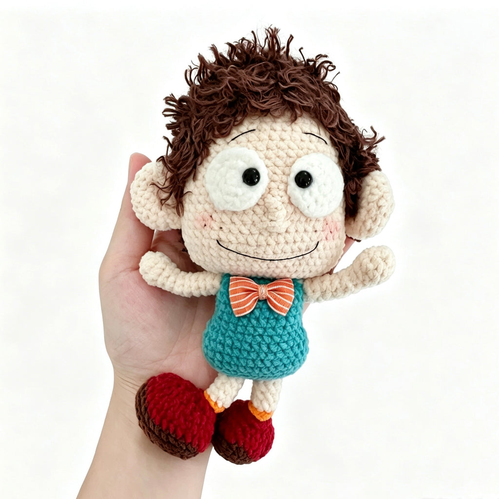 Handmade Crochet Curly-Haired Boy Doll Keychain Charm