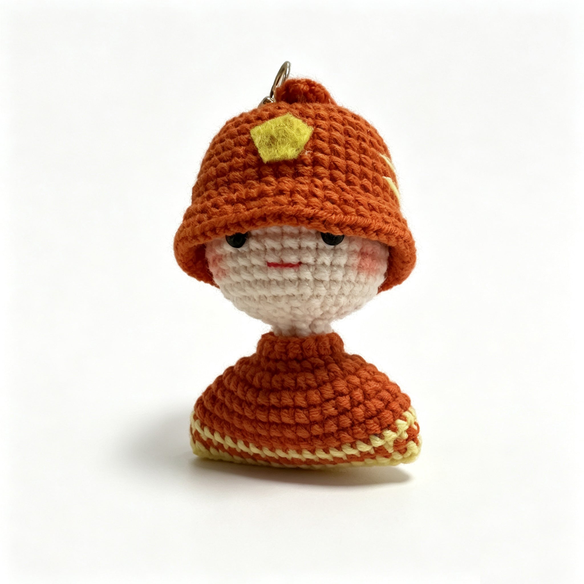 Handmade Crochet Mushroom Girl Keychain – Rust Orange & Cream | 7cm Amigurumi Charm