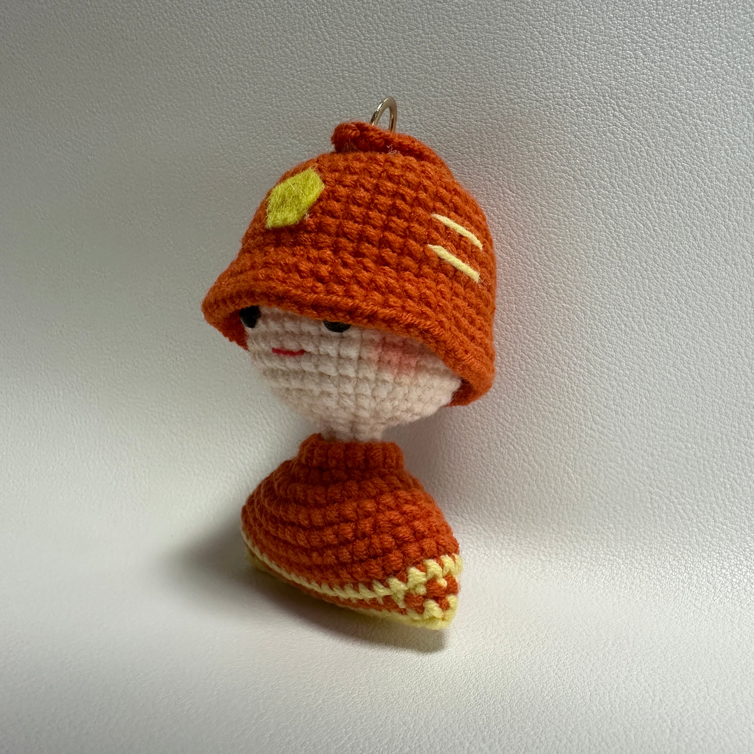Handmade Crochet Mushroom Girl Keychain – Rust Orange & Cream | 7cm Amigurumi Charm