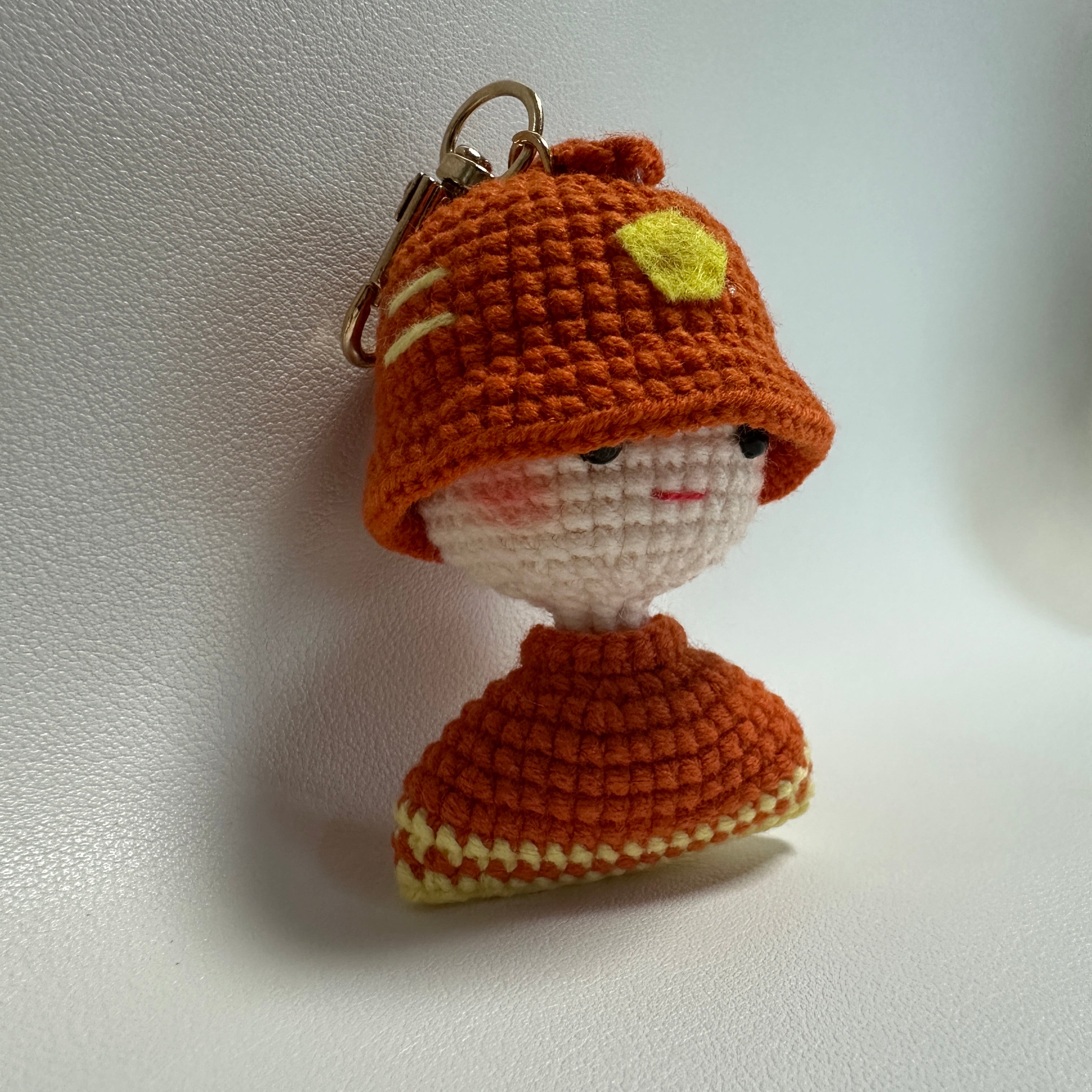Handmade Crochet Mushroom Girl Keychain – Rust Orange & Cream | 7cm Amigurumi Charm